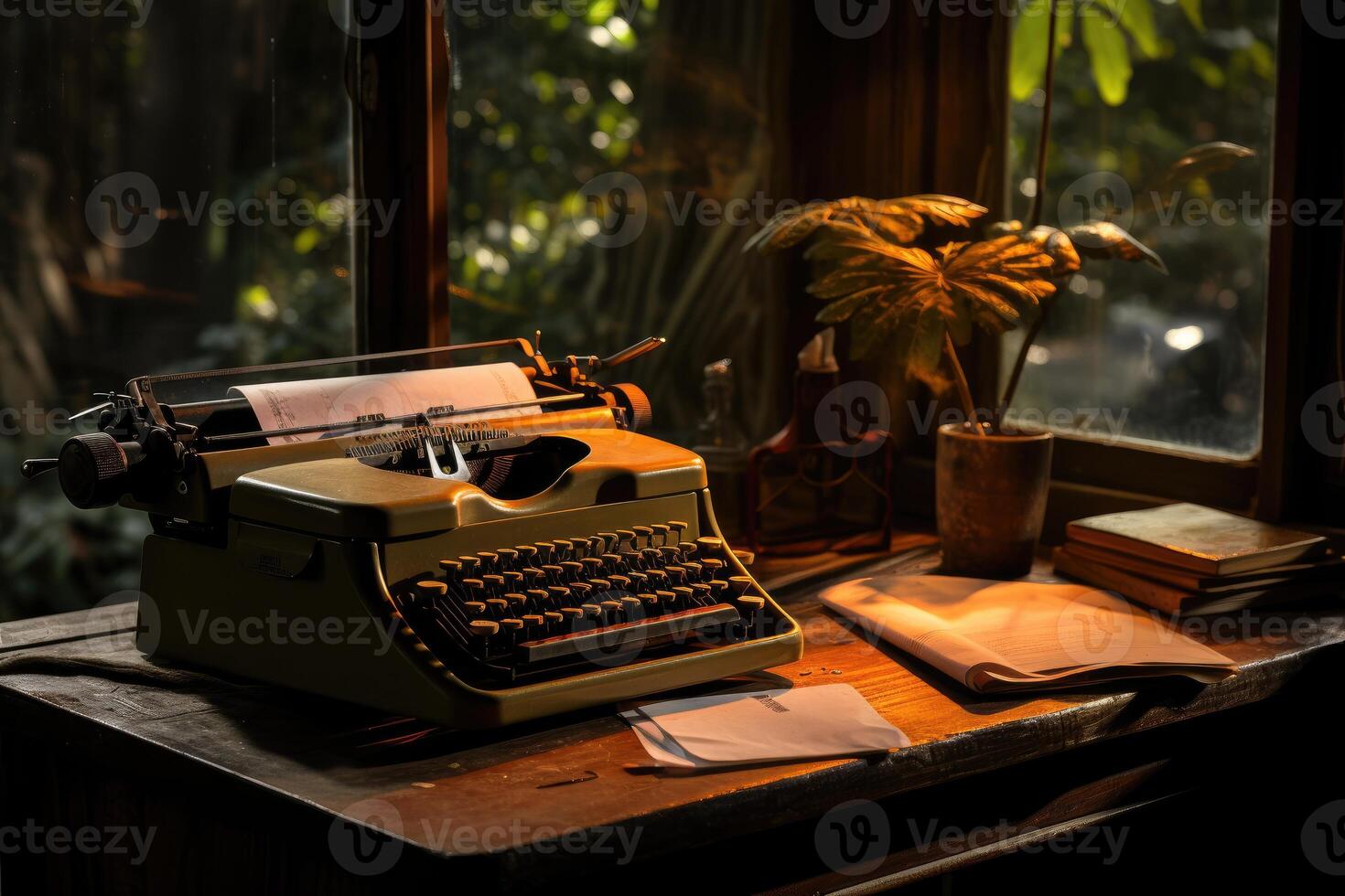 Vintage typewriter on a wooden desk with crumpled papers around. photo
