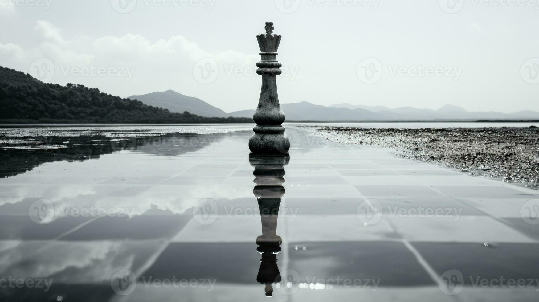 A single chess piece standing on a deserted beach. Generative AI photo
