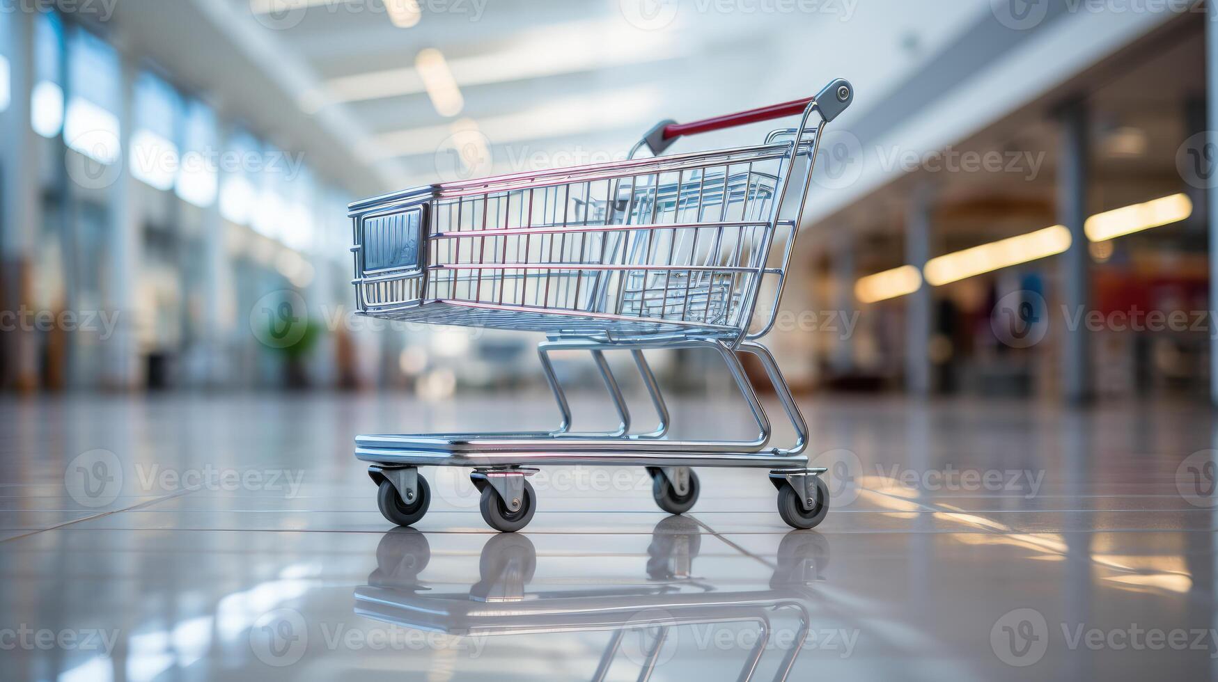 solitario compras carro dentro un vacío centro comercial. generativo ai foto