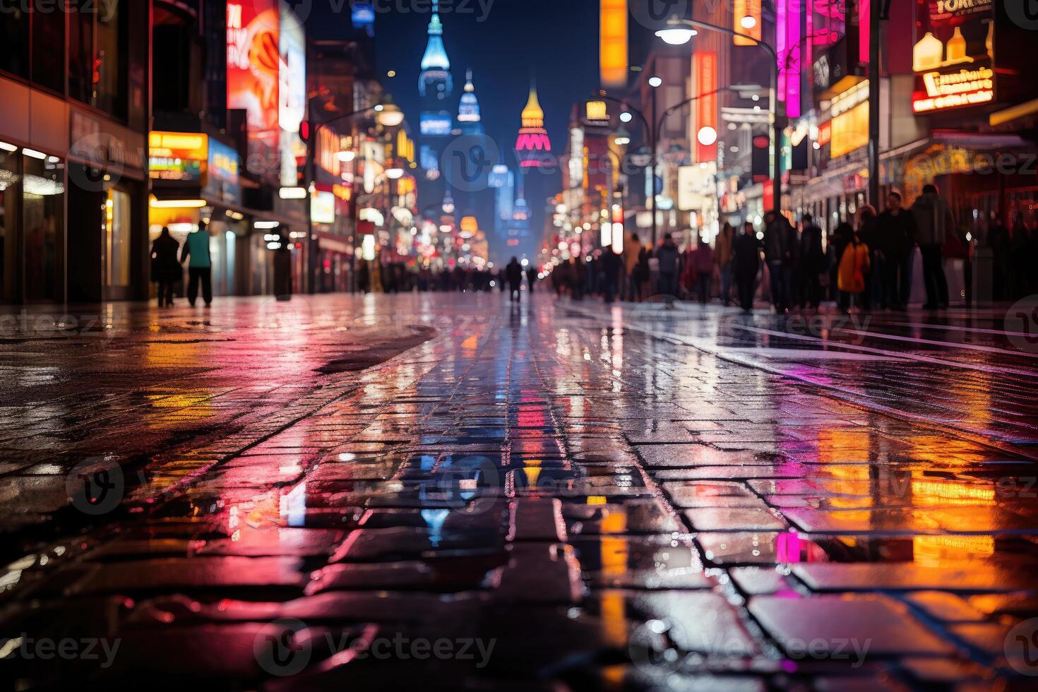 A bustling city nightlife, neon signs in vibrant colors. Generative AI photo