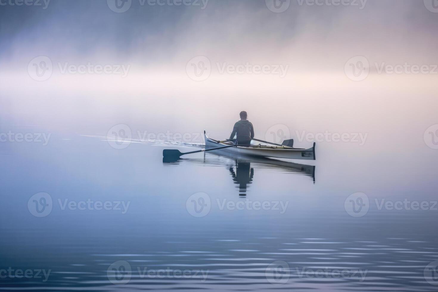 On a quiet, foggy morning, a fisherman casts his net on a serene lake. photo