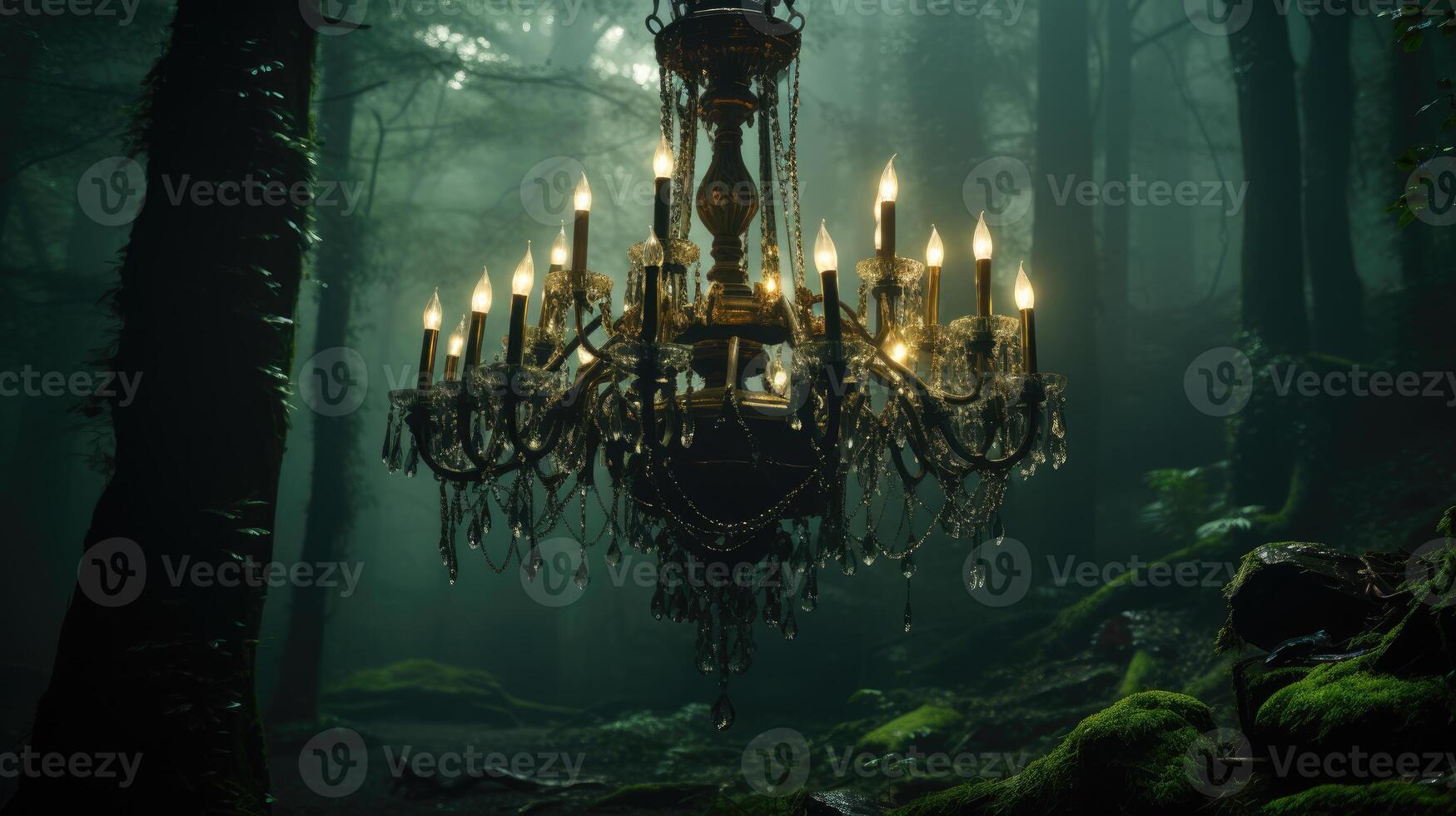 Surreal shot, a lone chandelier hanging in a foggy forest. Generative AI photo