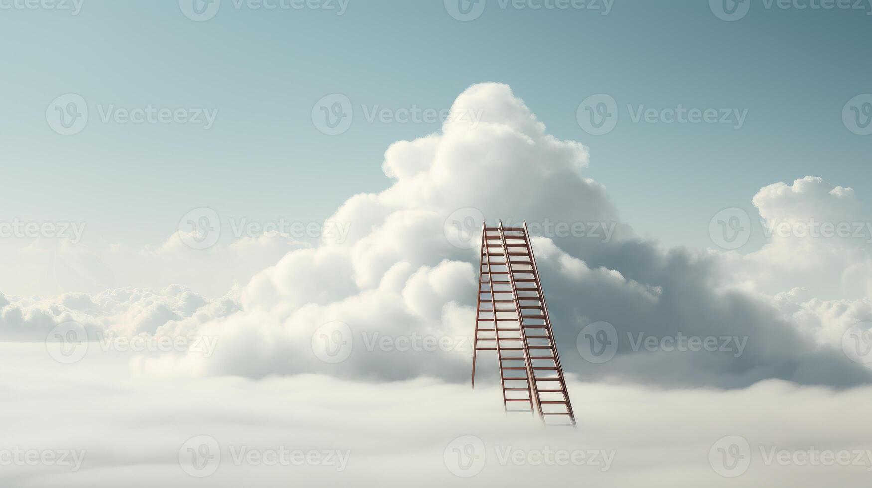 A single ladder leading up into a cloud in a minimalistic setting. photo