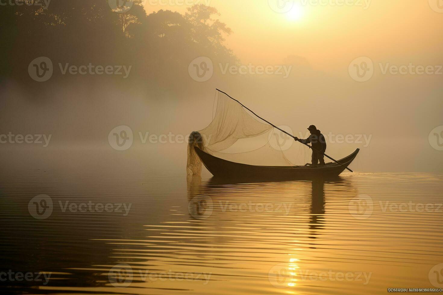 On a quiet, foggy morning, a fisherman casts his net on a serene lake. Generative AI photo