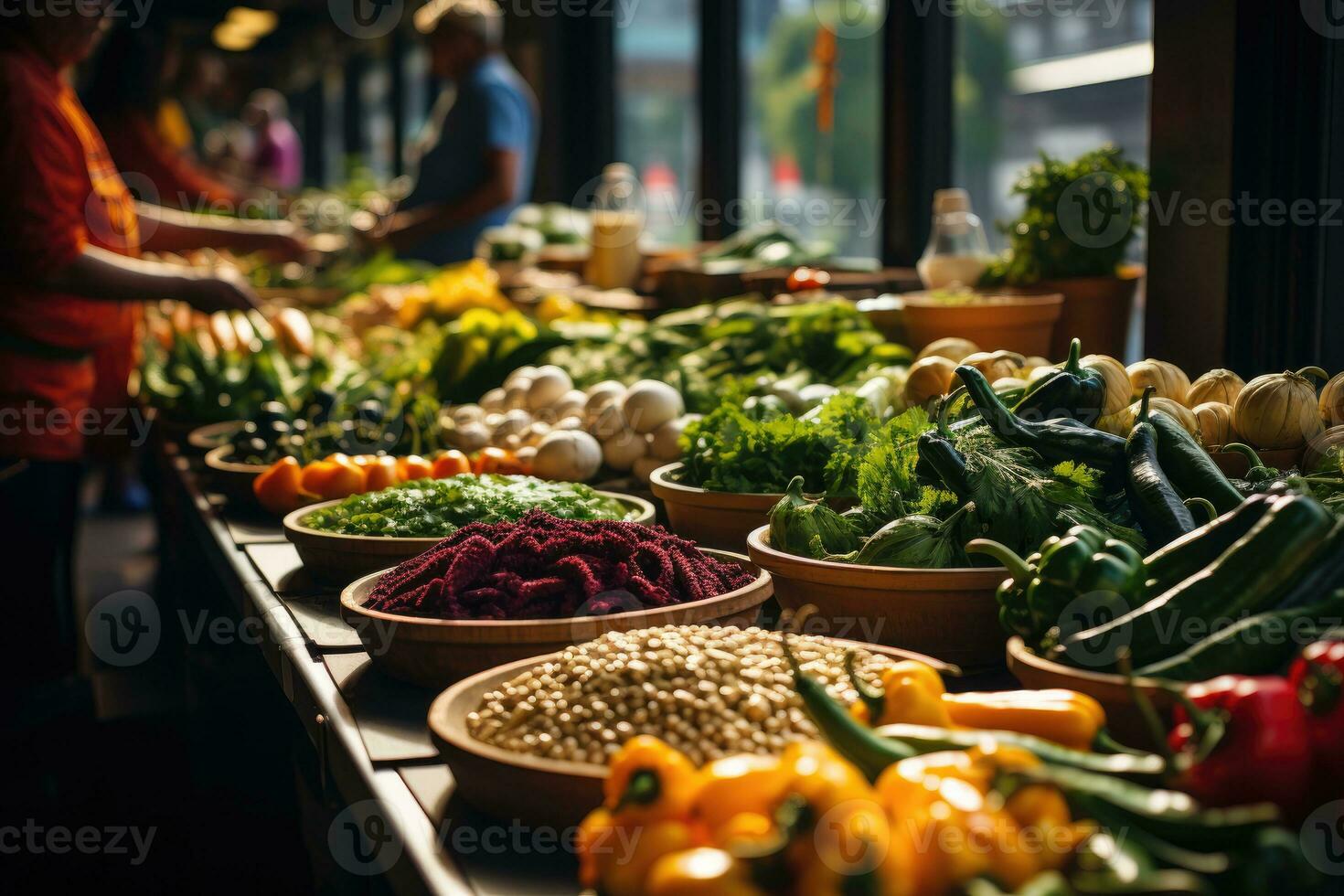 un bullicioso agricultores mercado, filas de vistoso frutas, verduras, y local mercancías desplegado. generativo ai foto