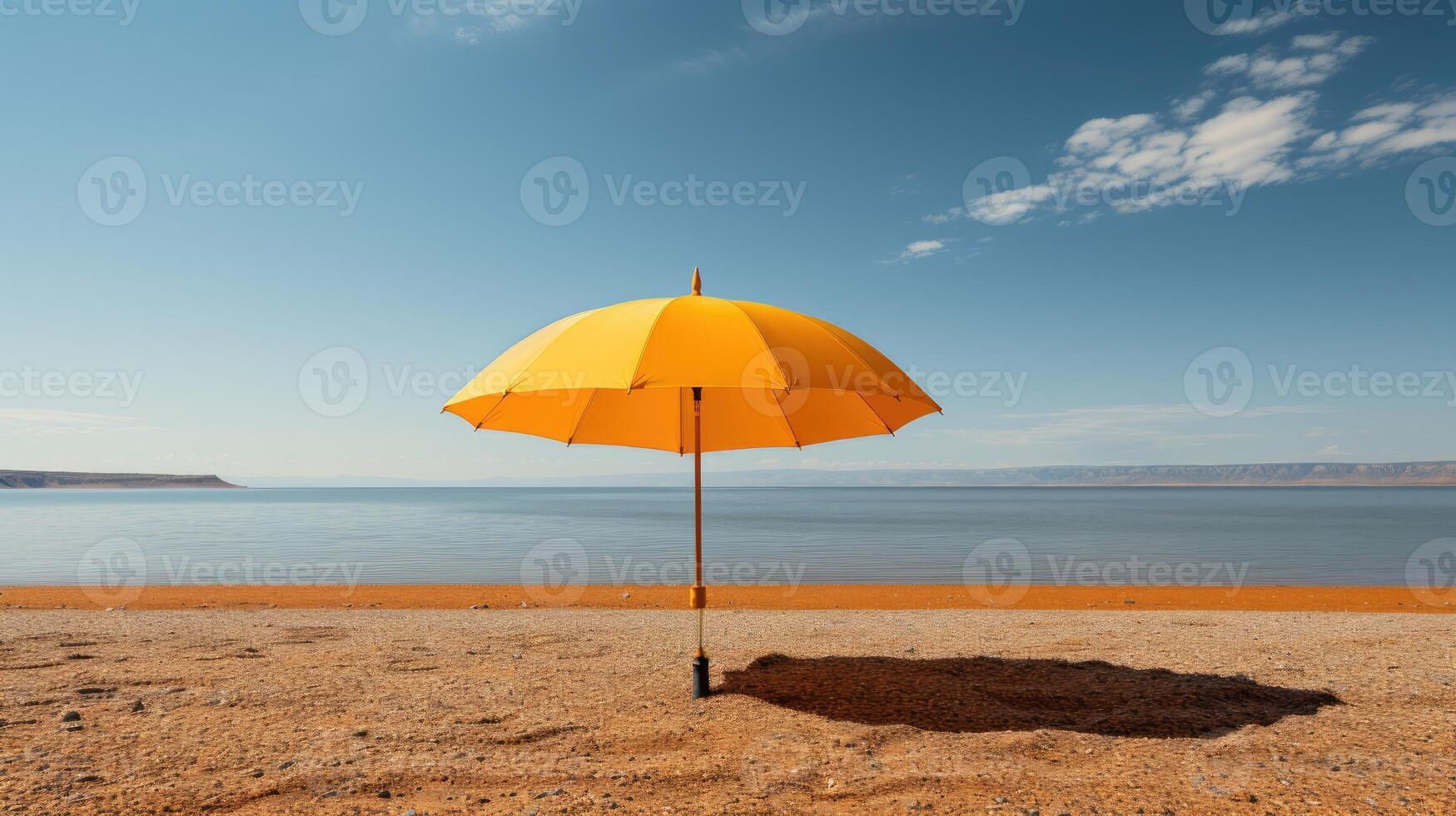 Minimalist shot, single yellow umbrella on a deserted beach. Generative AI photo