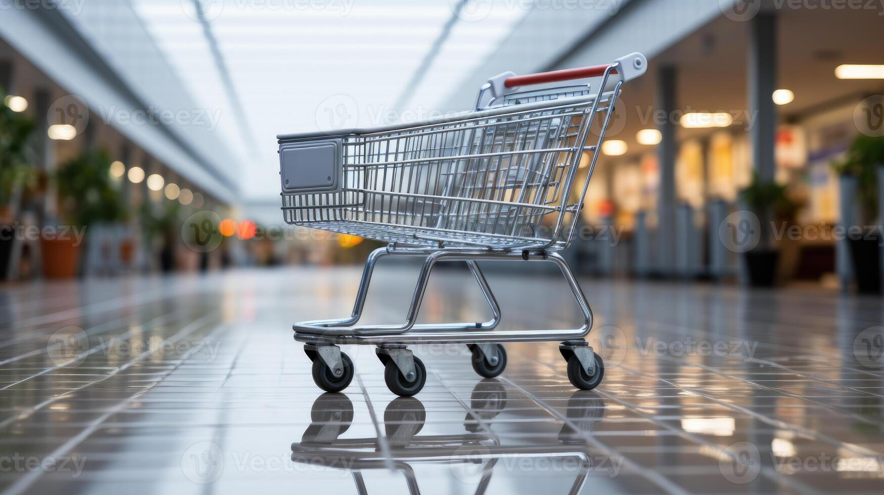 Lonely shopping cart inside an empty mall. Generative AI photo