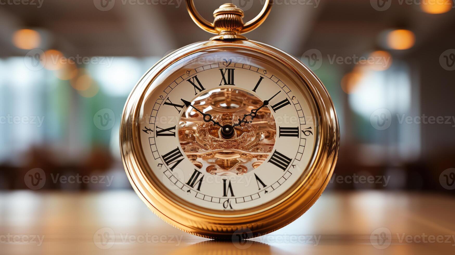 A pocket watch suspended in mid - air within an empty white room. photo