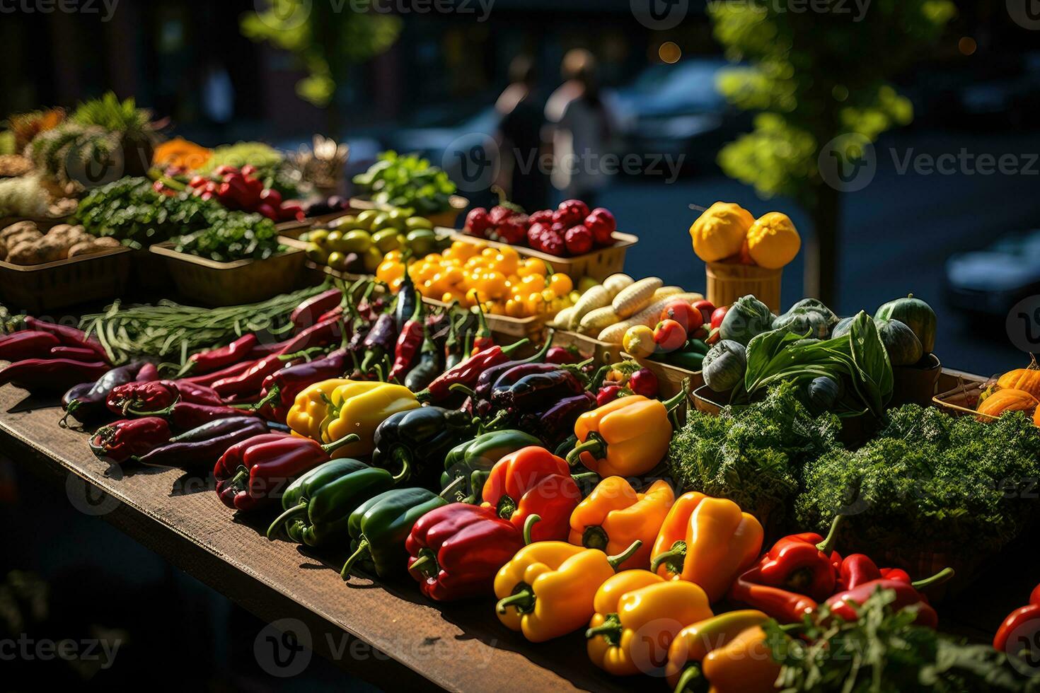 un bullicioso agricultores mercado, filas de vistoso frutas, verduras, y local mercancías desplegado. generativo ai foto