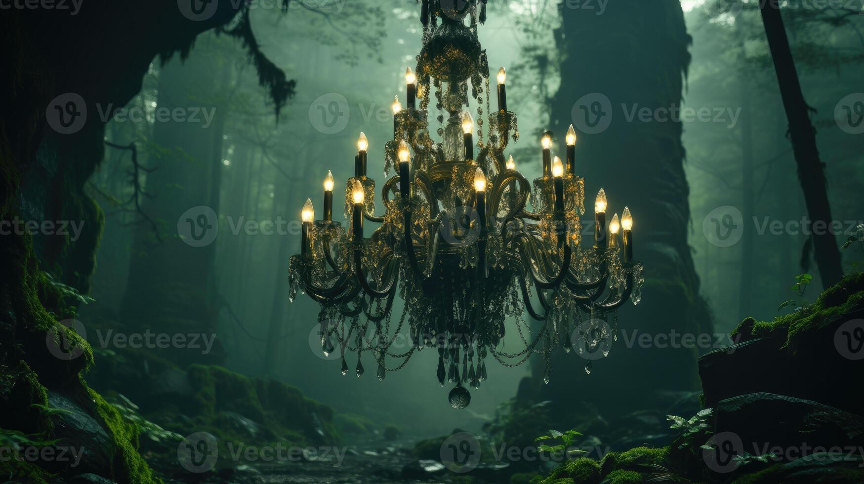 Surreal shot, a lone chandelier hanging in a foggy forest. Generative AI photo