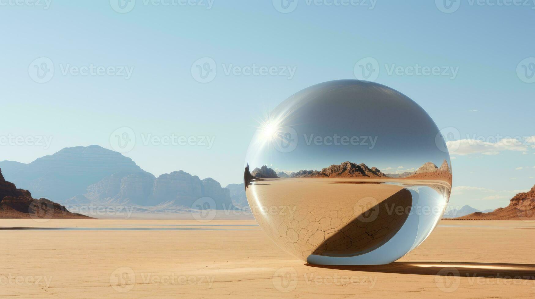 Floating sphere reflecting a desert within a desert. Generative AI photo