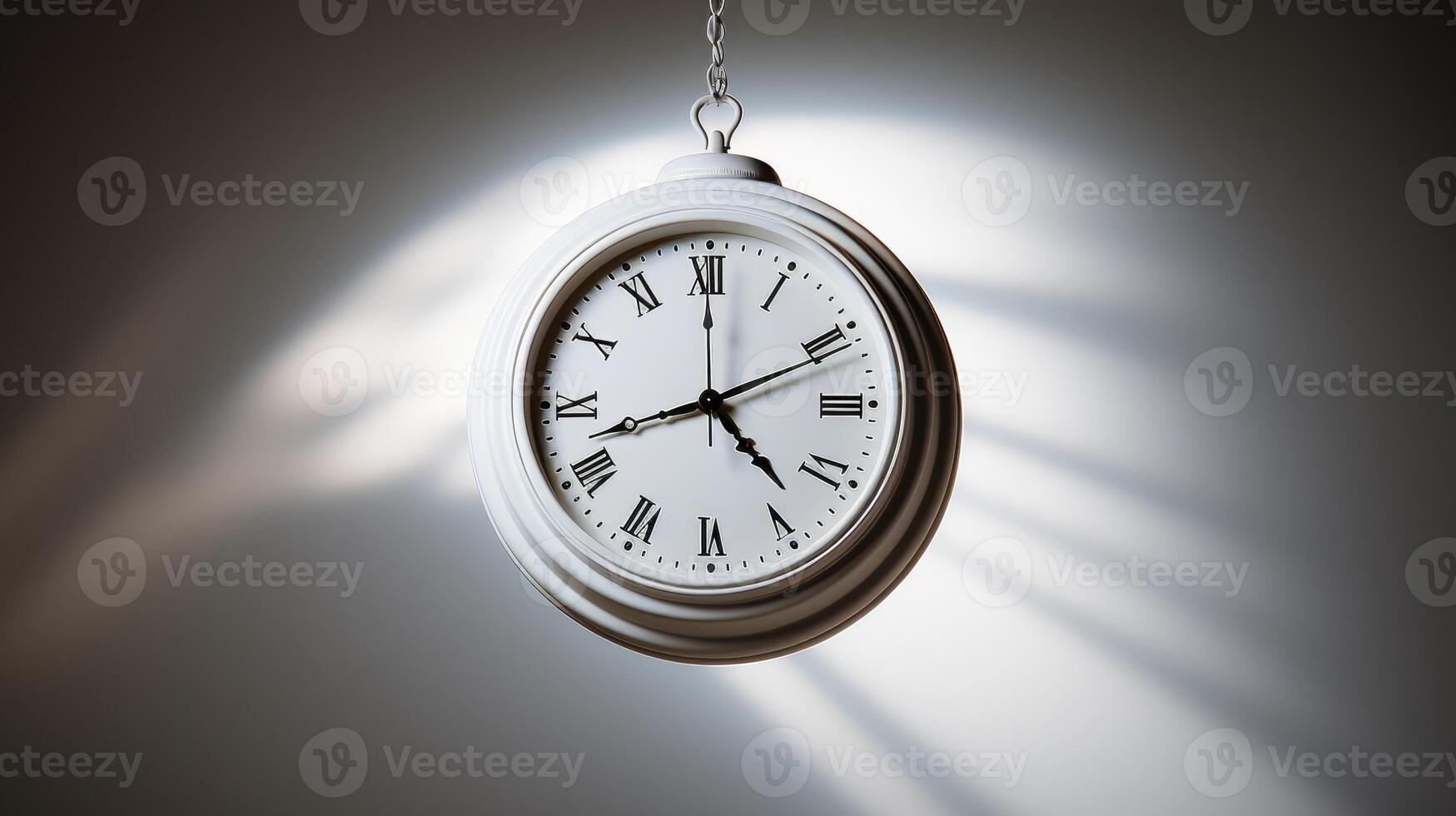 A pocket watch suspended in mid - air within an empty white room. photo