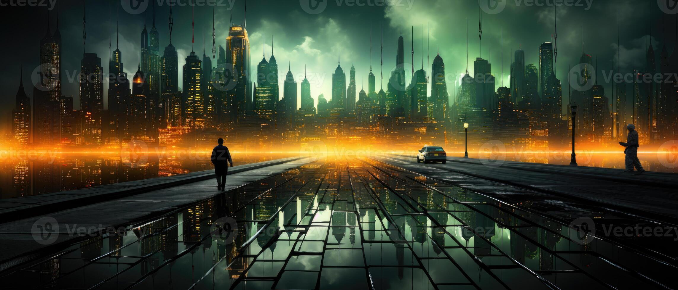 Wide - angle shot, abstract cityscape of radiant green and yellow lights. photo
