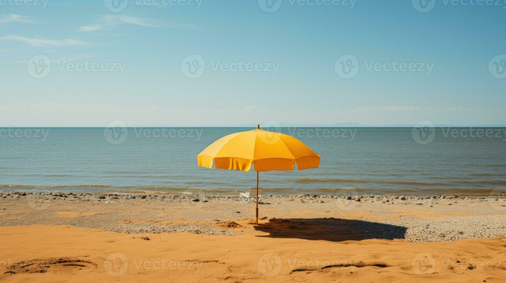 Minimalist shot, single yellow umbrella on a deserted beach. Generative AI photo