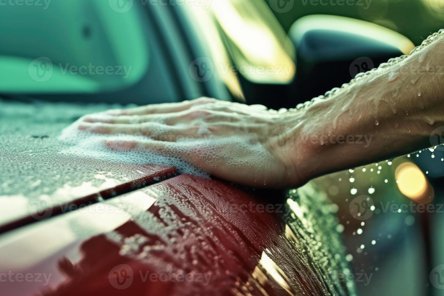 A man washing his car with a focus on his hands and the soapy sponge. photo