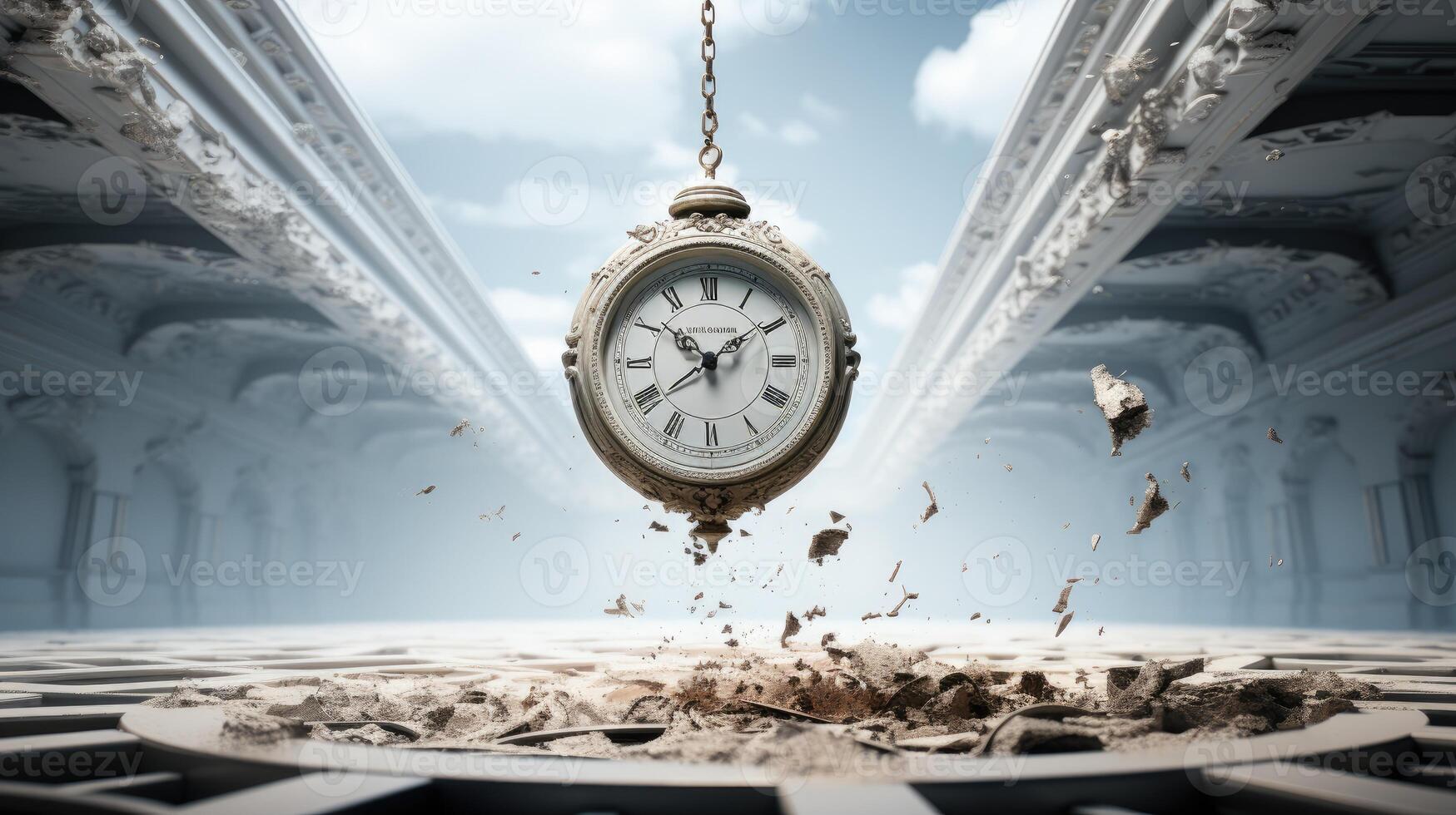 A pocket watch suspended in mid - air within an empty white room. photo
