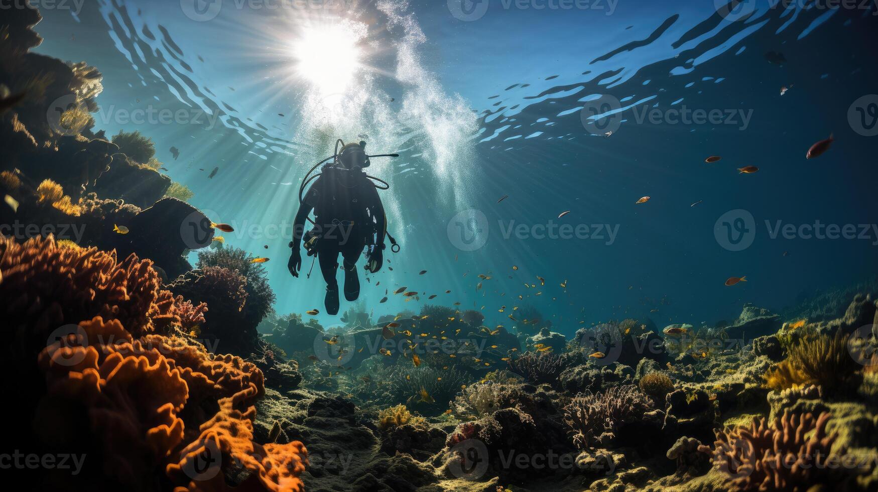 Underwater shot, scuba diver exploring coral reef, ocean. Generative AI photo