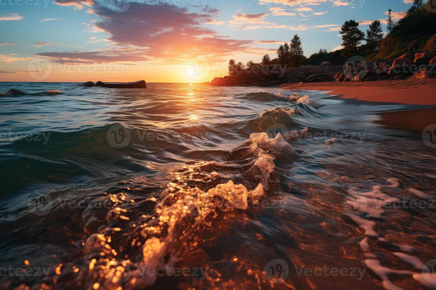 Changing tides on a secluded beach captured in a time-lapse shot. photo