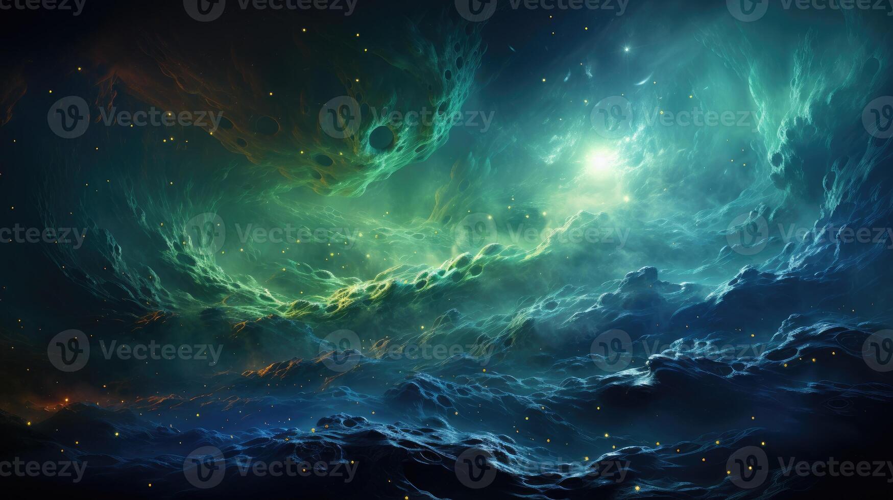 Swirling galaxy of radiant greens and blues, abstract cosmic background. photo