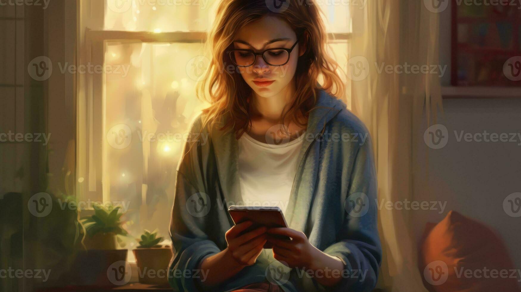 Woman sitting inside the house holding a phone. photo