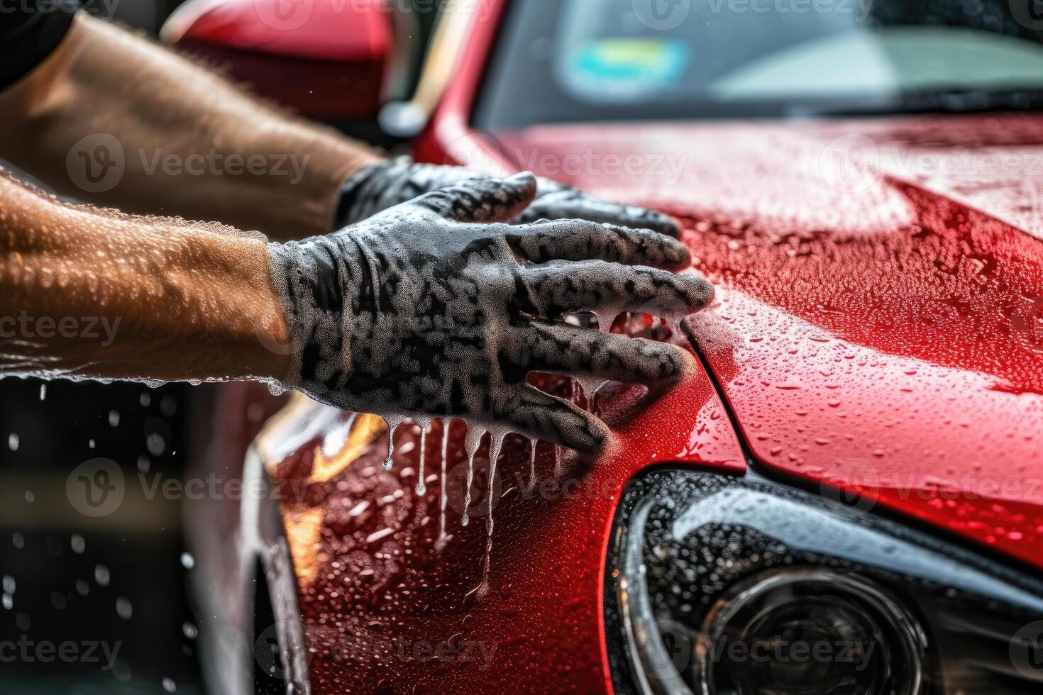 A man washing his car with a focus on his hands and the soapy sponge. photo