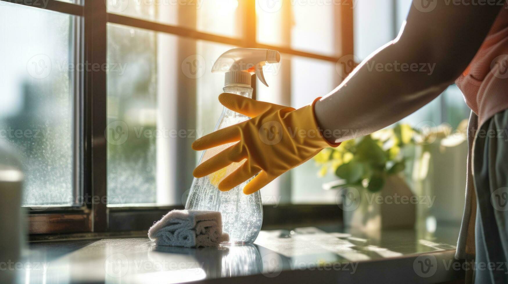un mano pulverización y limpiando el ventana de el casa foto