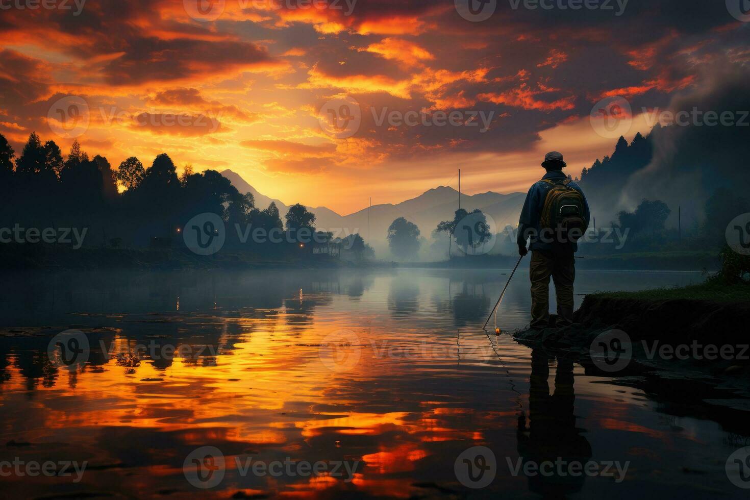 Silhouette of a fisherman at dusk standing at the edge of a lake. Generative AI photo