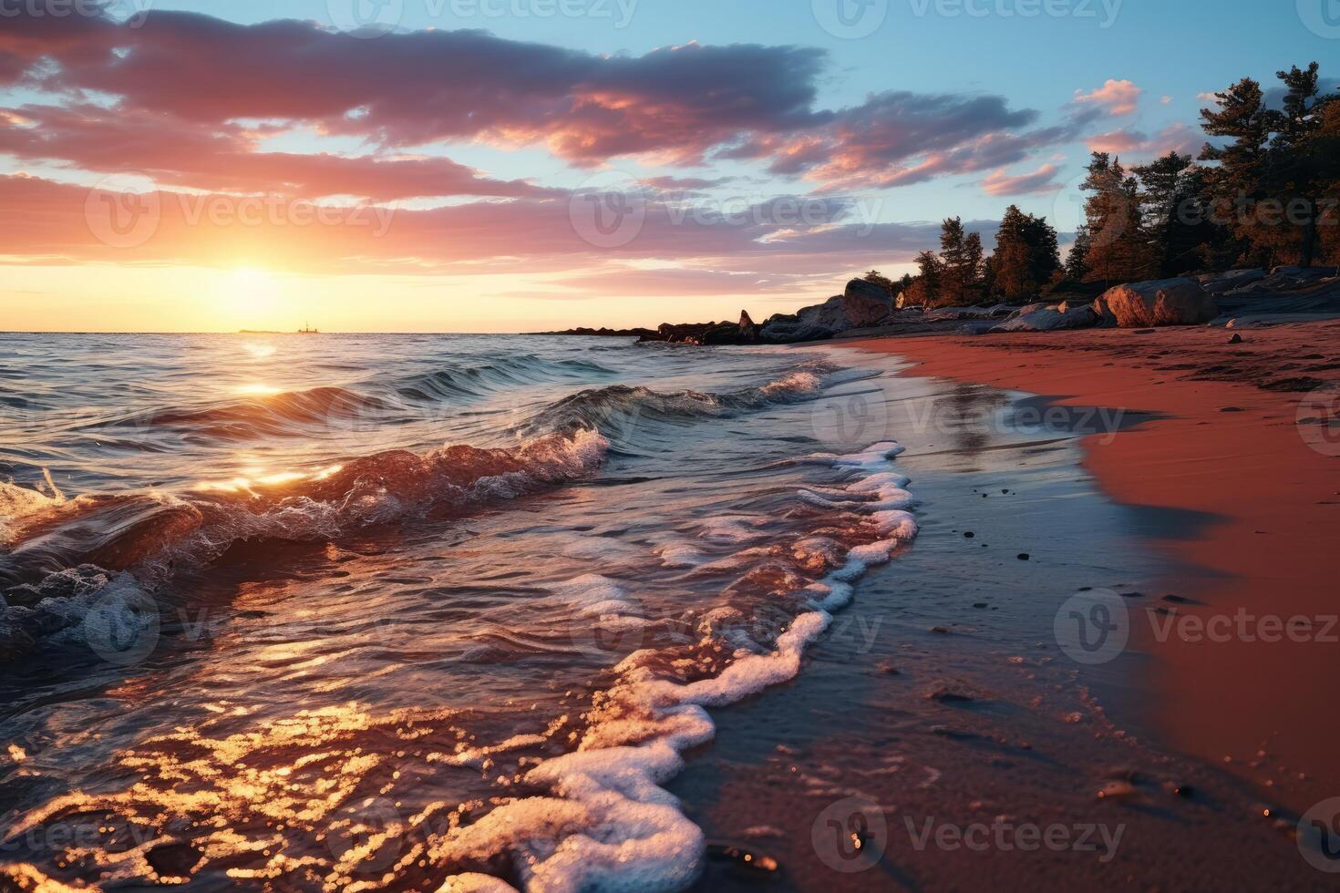 Changing tides on a secluded beach captured in a time-lapse shot. photo