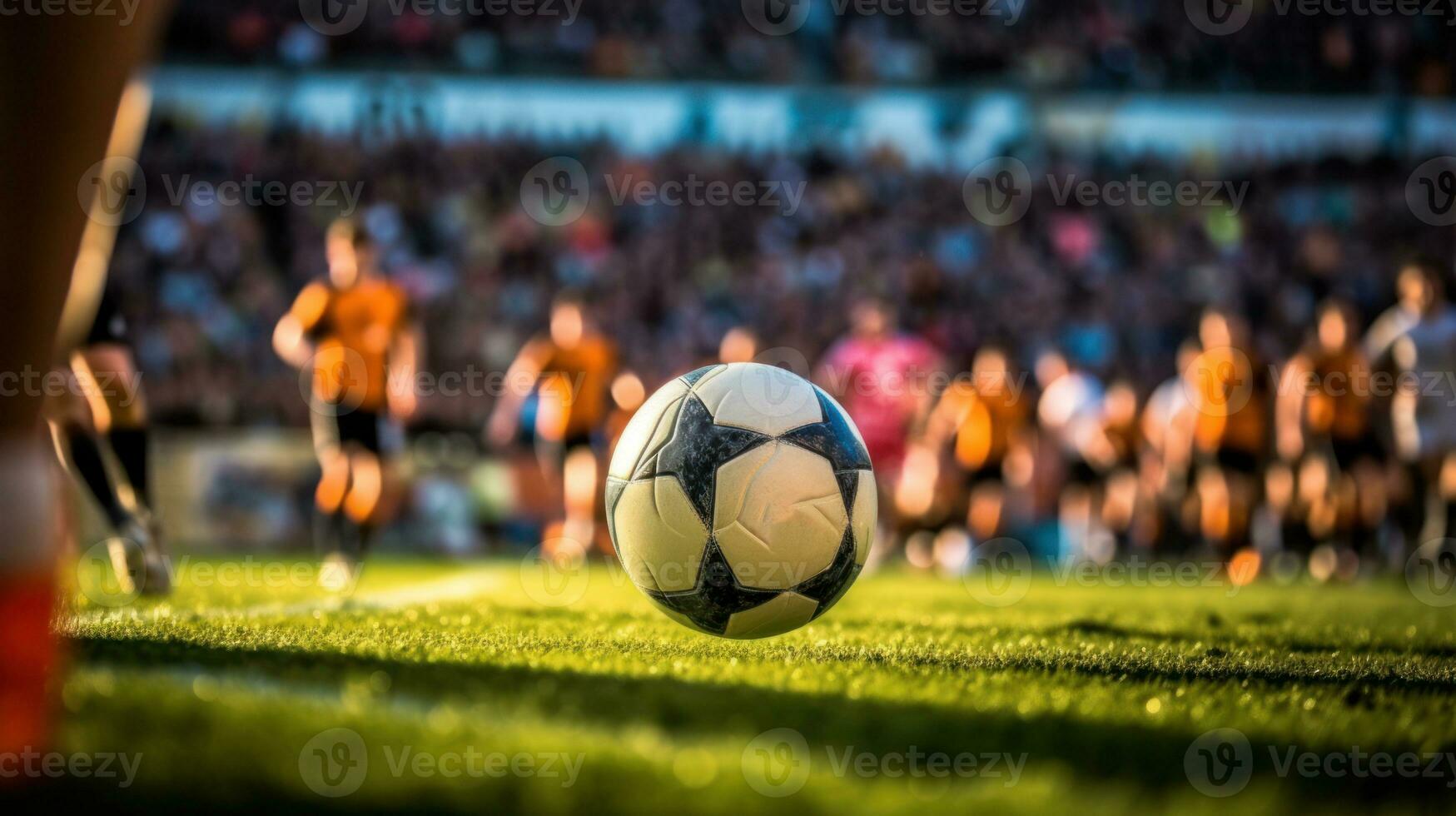 A focused photo of a ball in the air during a youth soccer team game