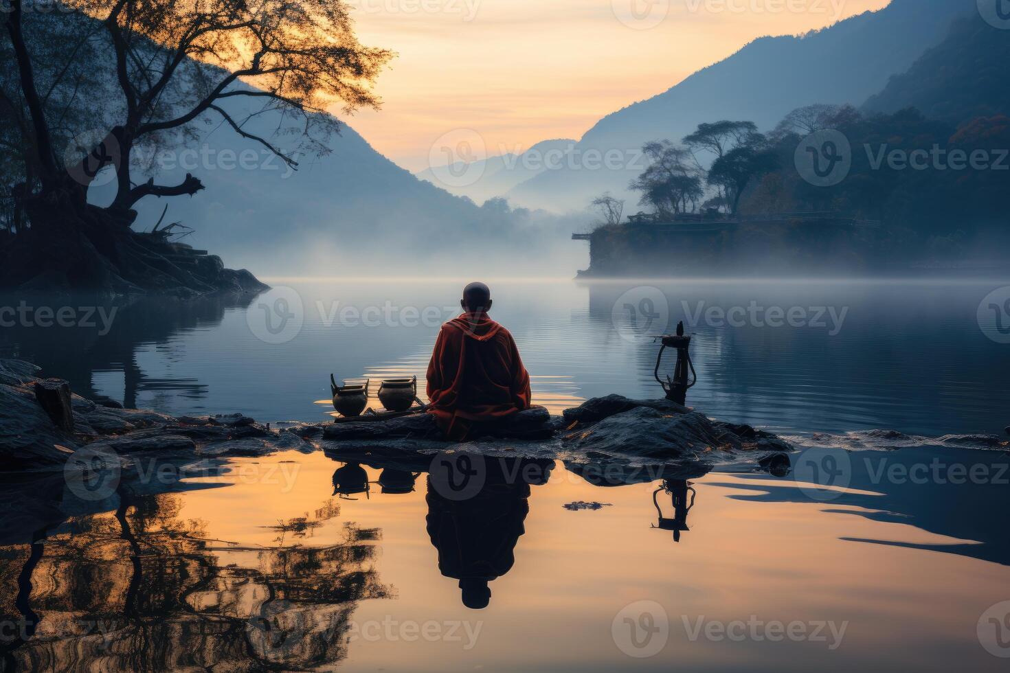 Monk meditating at the edge of a serene lake at dawn. Generative AI photo