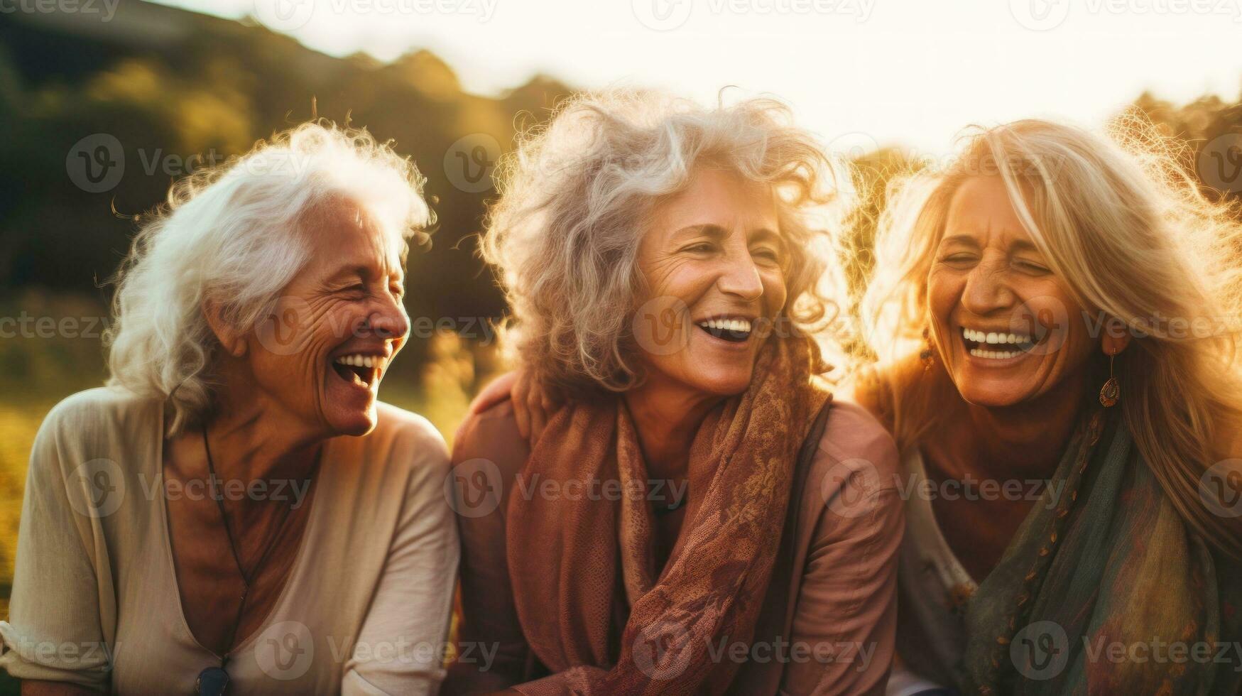 mature old women friends standing in the garden photo