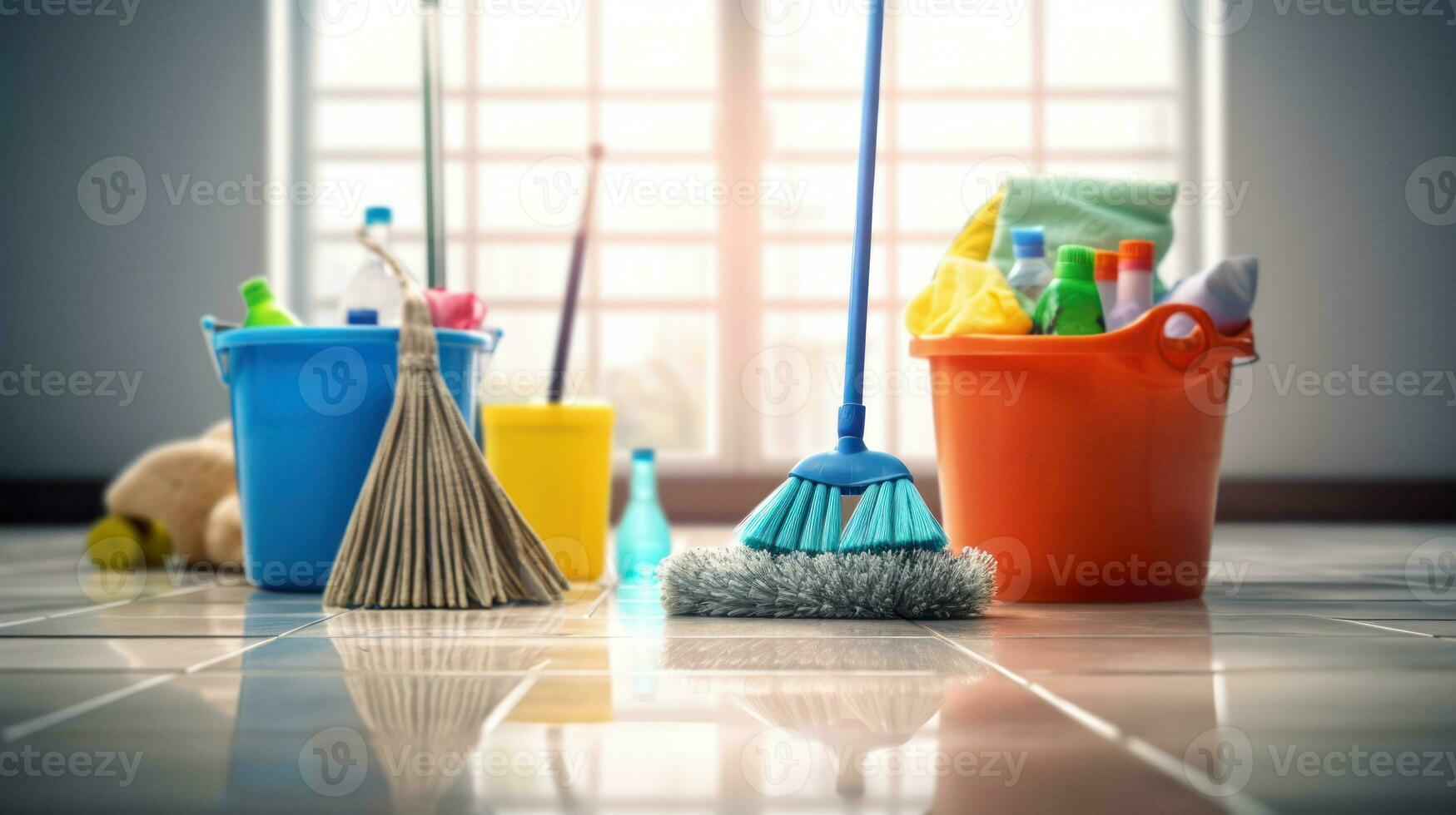 Cleaning supplies, mop and broom photo