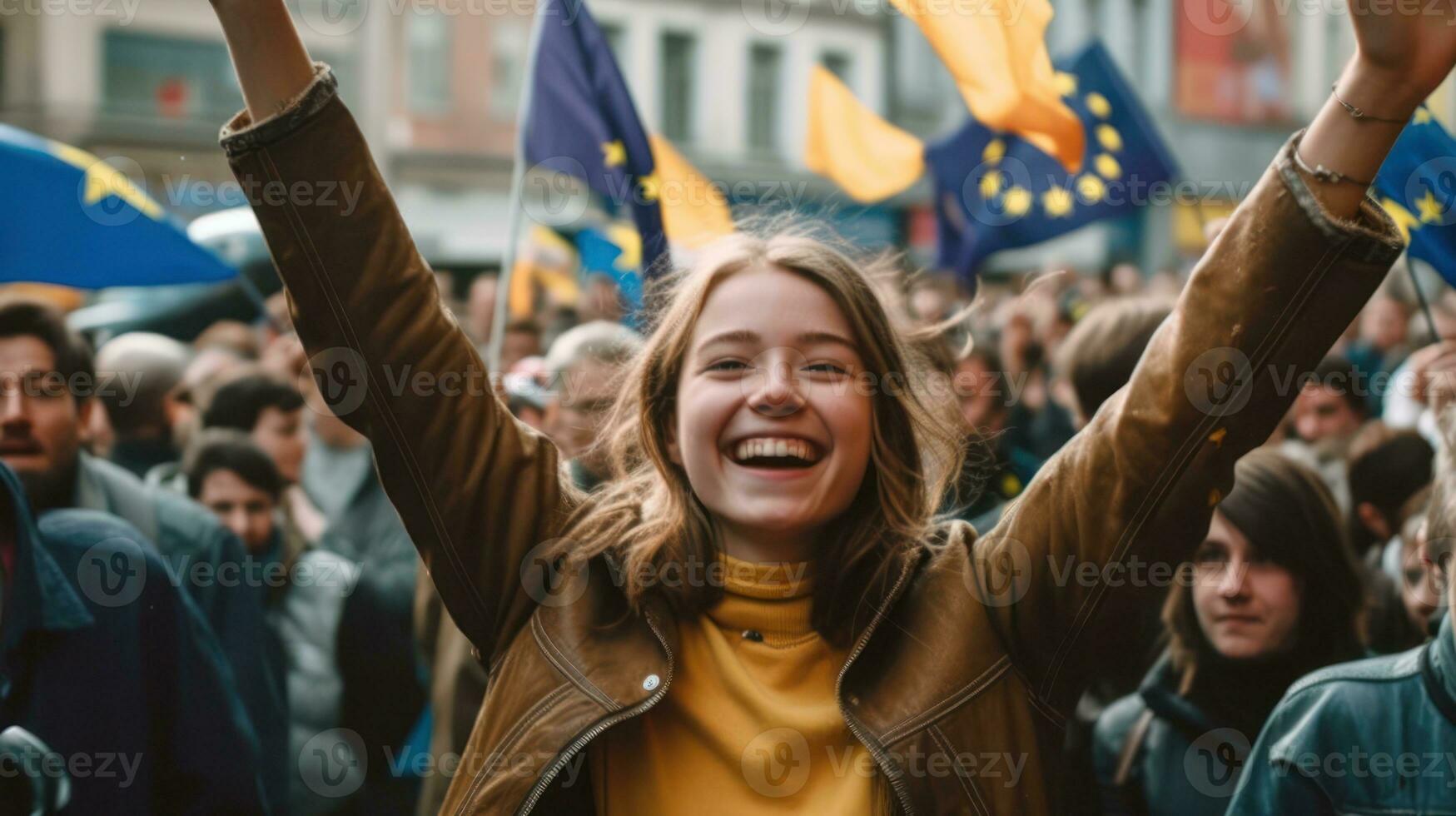 grupo de personas protestando con europeo Unión bandera foto