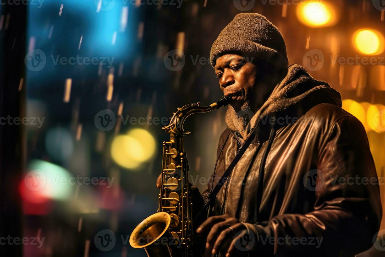 A street musician plays a soulful melody on a saxophone. Generative AI photo