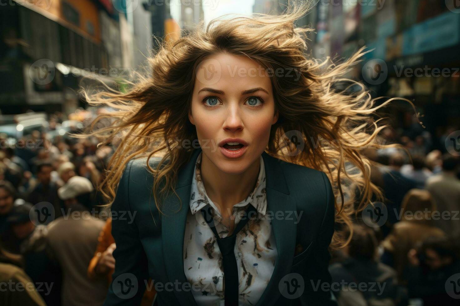 A businesswoman appears to levitate above a bustling city street, as if she's flying.  Generative AI photo