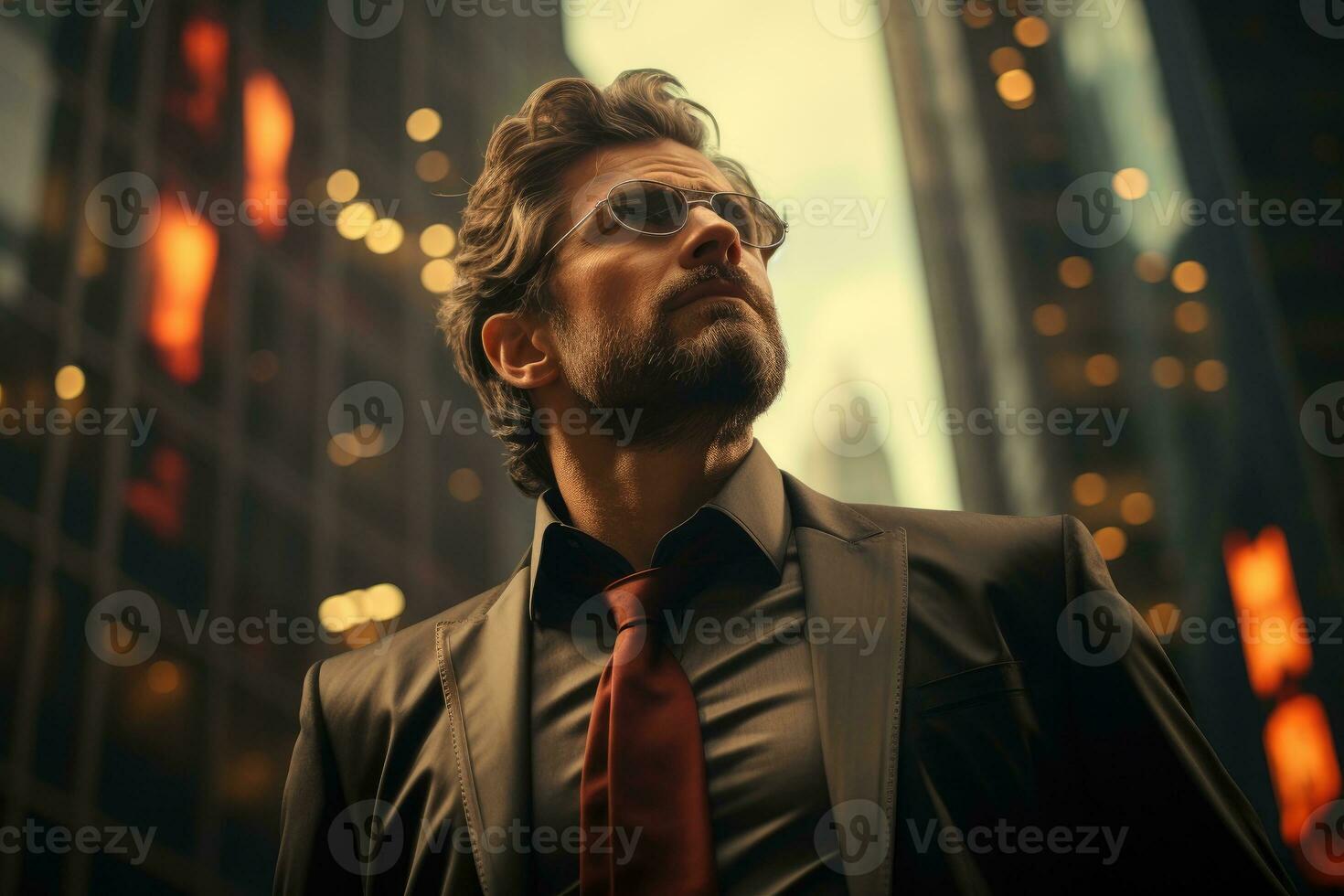 A dramatic image of a businessman standing on the edge of a skyscraper, his coat fluttering like a superhero cape in the wind. Generative AI photo