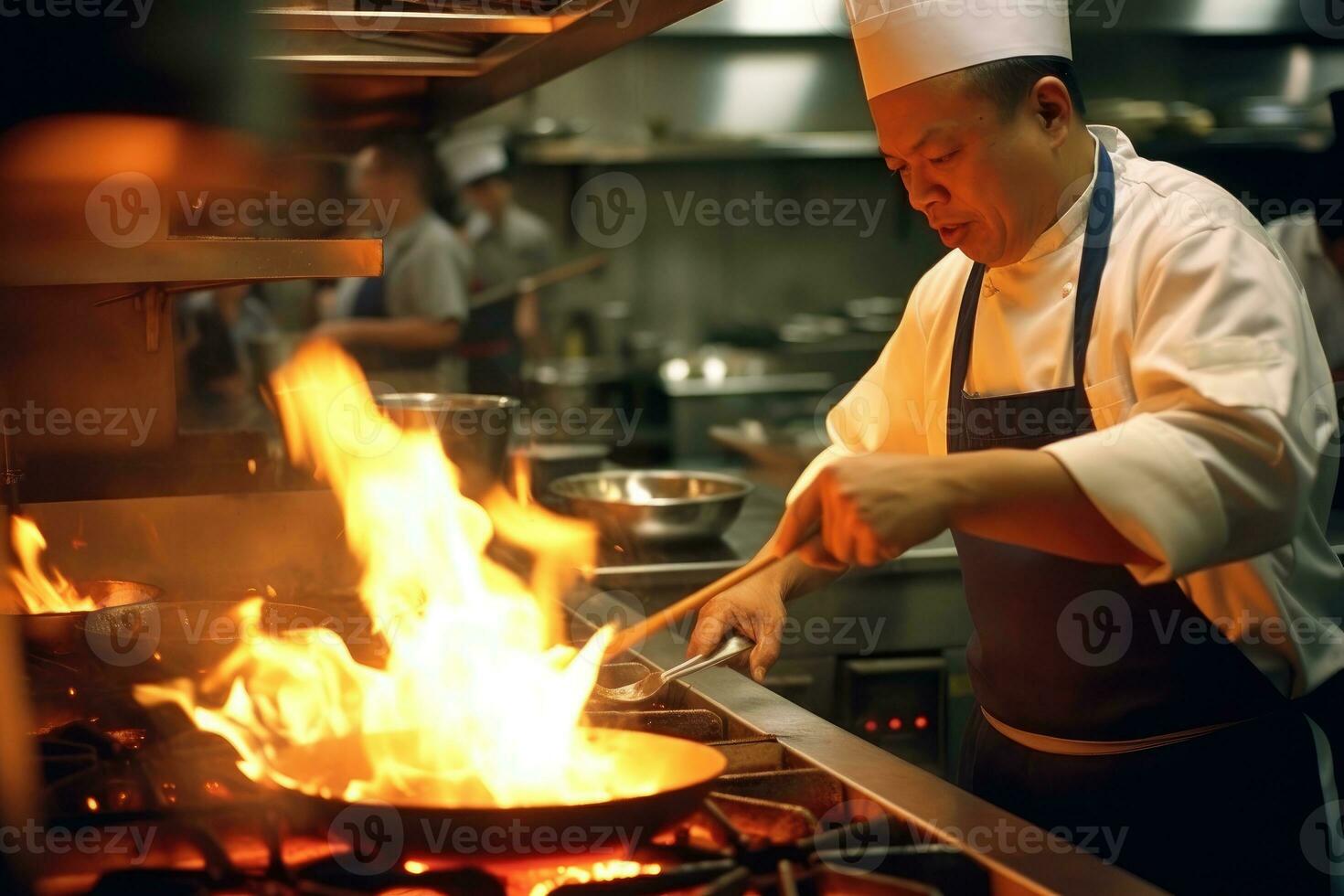 An experienced chef flames a skillet in a busy restaurant kitchen. Generative AI photo