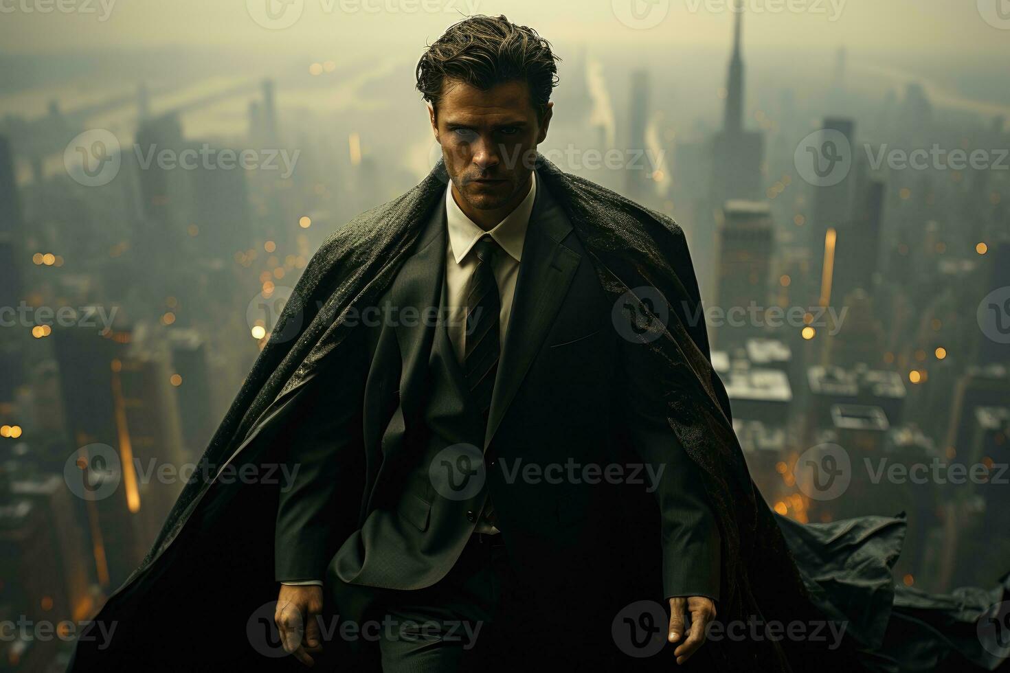 A dramatic image of a businessman standing on the edge of a skyscraper, his coat fluttering like a superhero cape in the wind. Generative AI photo