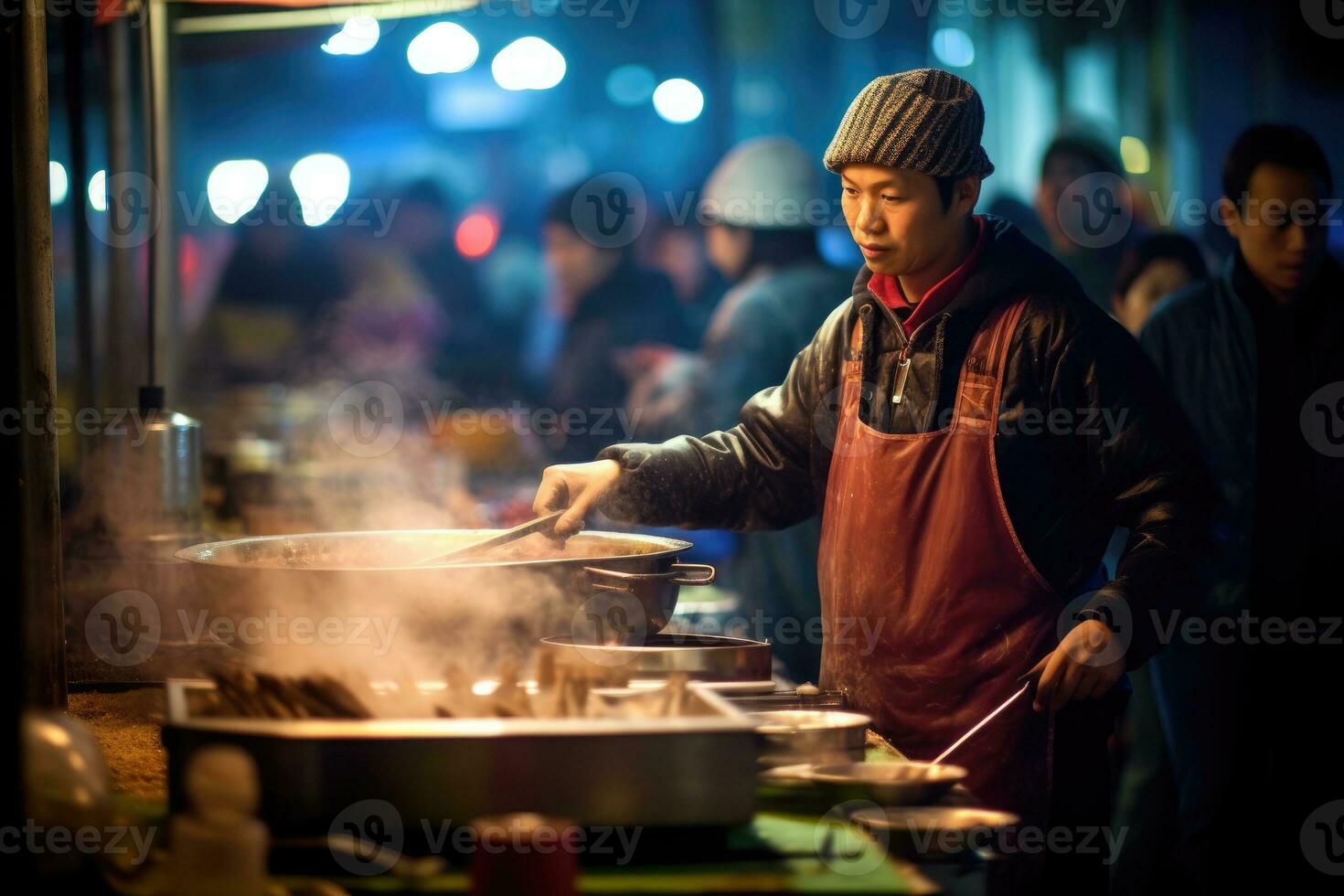 On a bustling street market in Southeast Asia, a vendor is preparing traditional street food under the warm glow of hanging lanterns. Generative AI photo