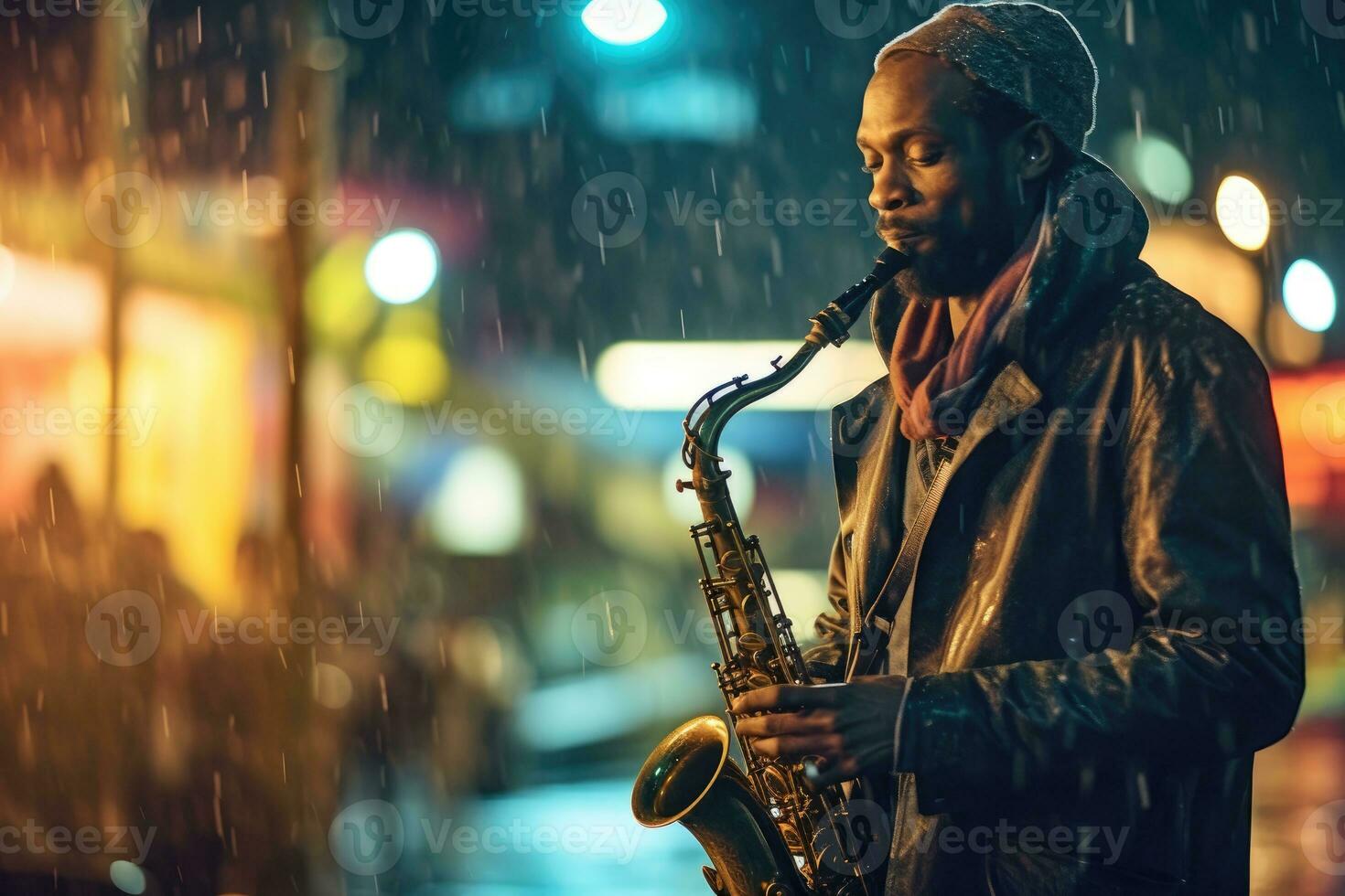 A street musician plays a soulful melody on a saxophone. Generative AI photo