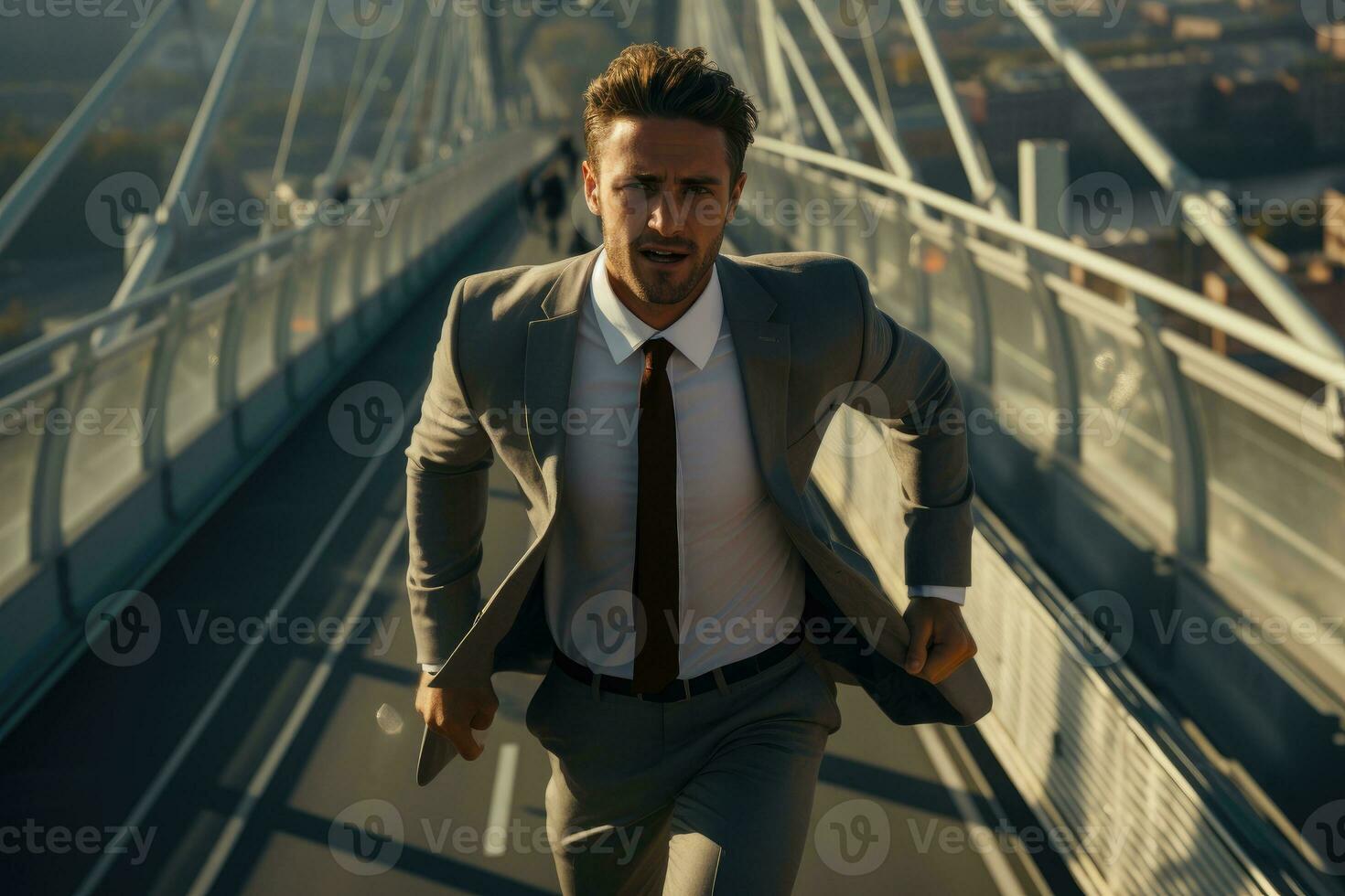 A businessman is sprinting across an expansive, modern bridge. Generative AI photo