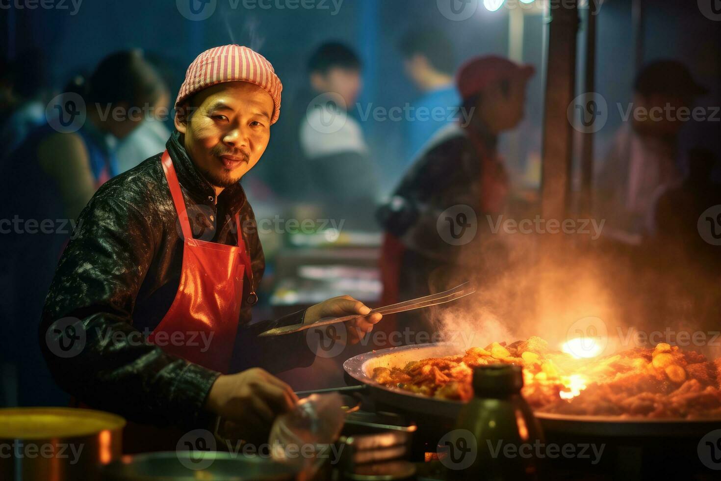 en un bullicioso calle mercado en Sureste Asia, un vendedor es preparando tradicional calle comida debajo el calentar resplandor de colgando linternas generativo ai foto