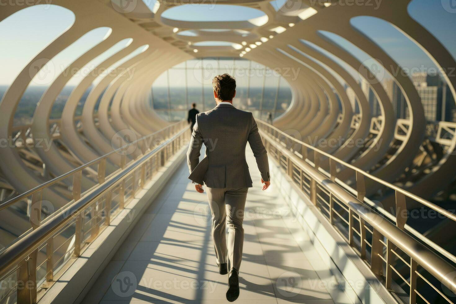 A businessman is sprinting across an expansive, modern bridge. Generative AI photo