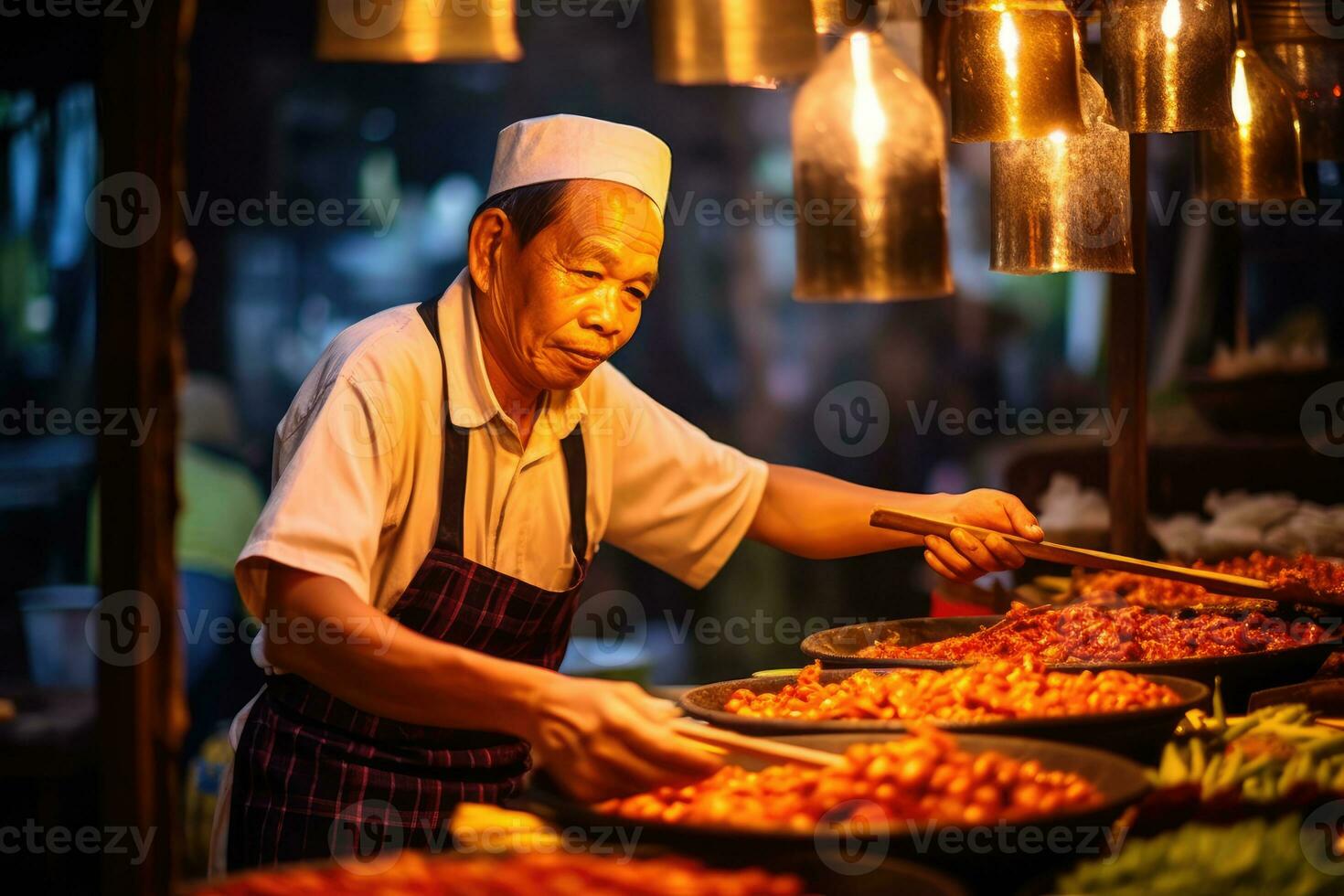 On a bustling street market in Southeast Asia, a vendor is preparing traditional street food under the warm glow of hanging lanterns. Generative AI photo