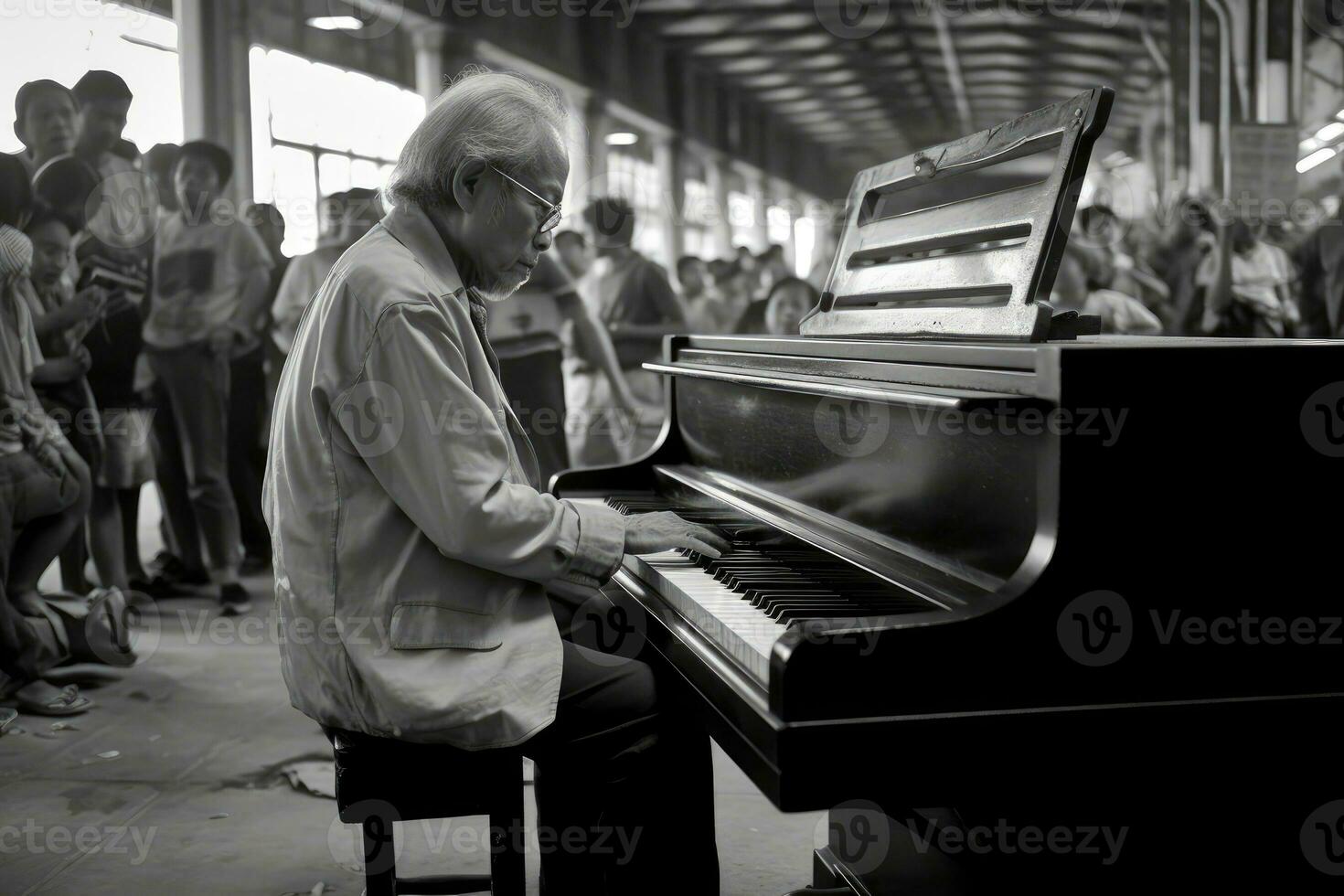 At a bustling train station, a man plays an old piano. Generative AI photo