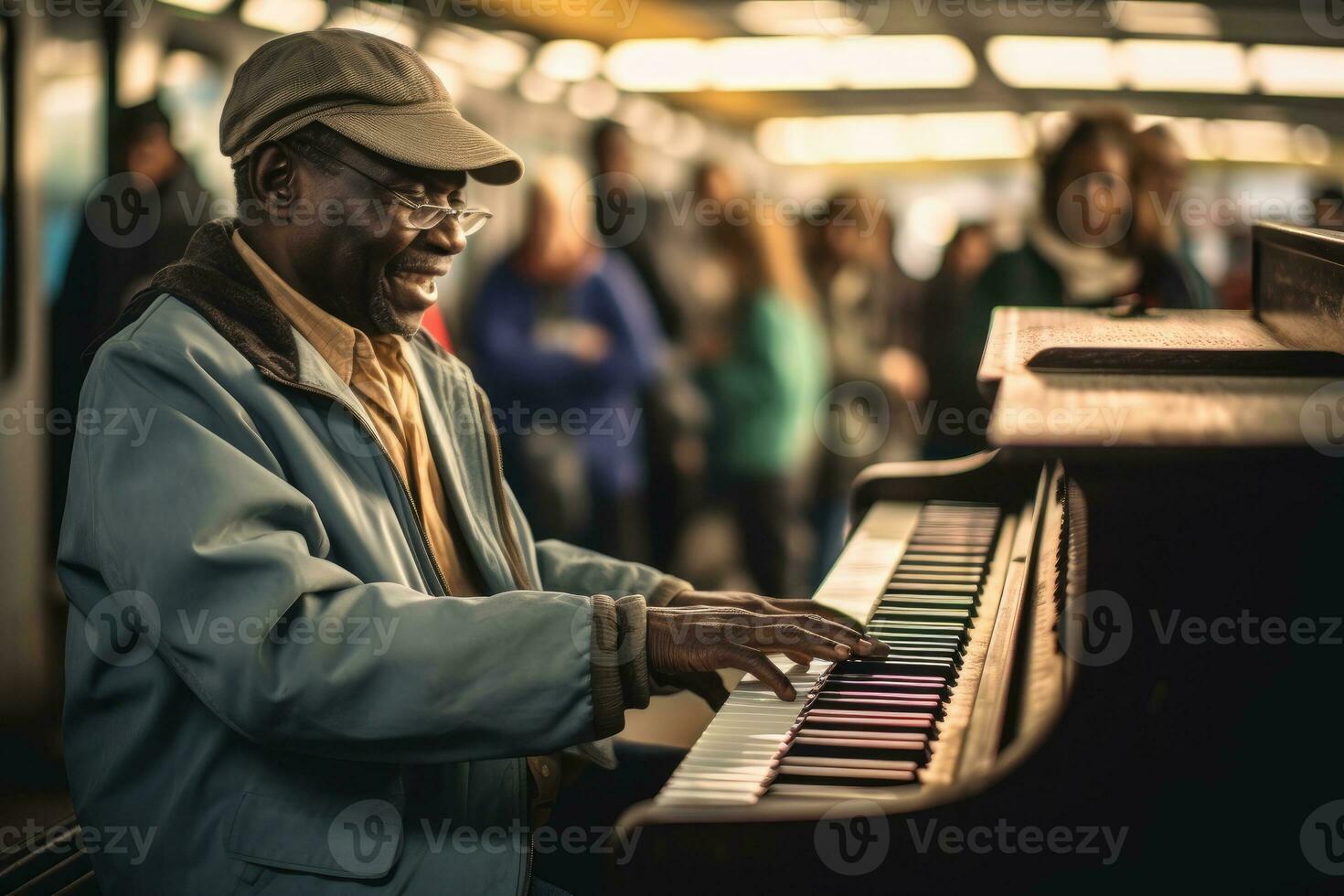 At a bustling train station, a man plays an old piano. Generative AI photo