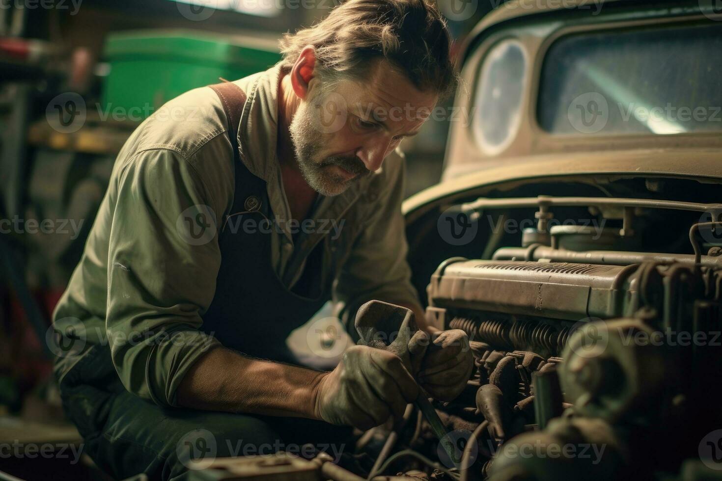 A mechanic tightens a bolt on a classic car in a garage, his hands dirty and scarred from hard work. Generative AI photo