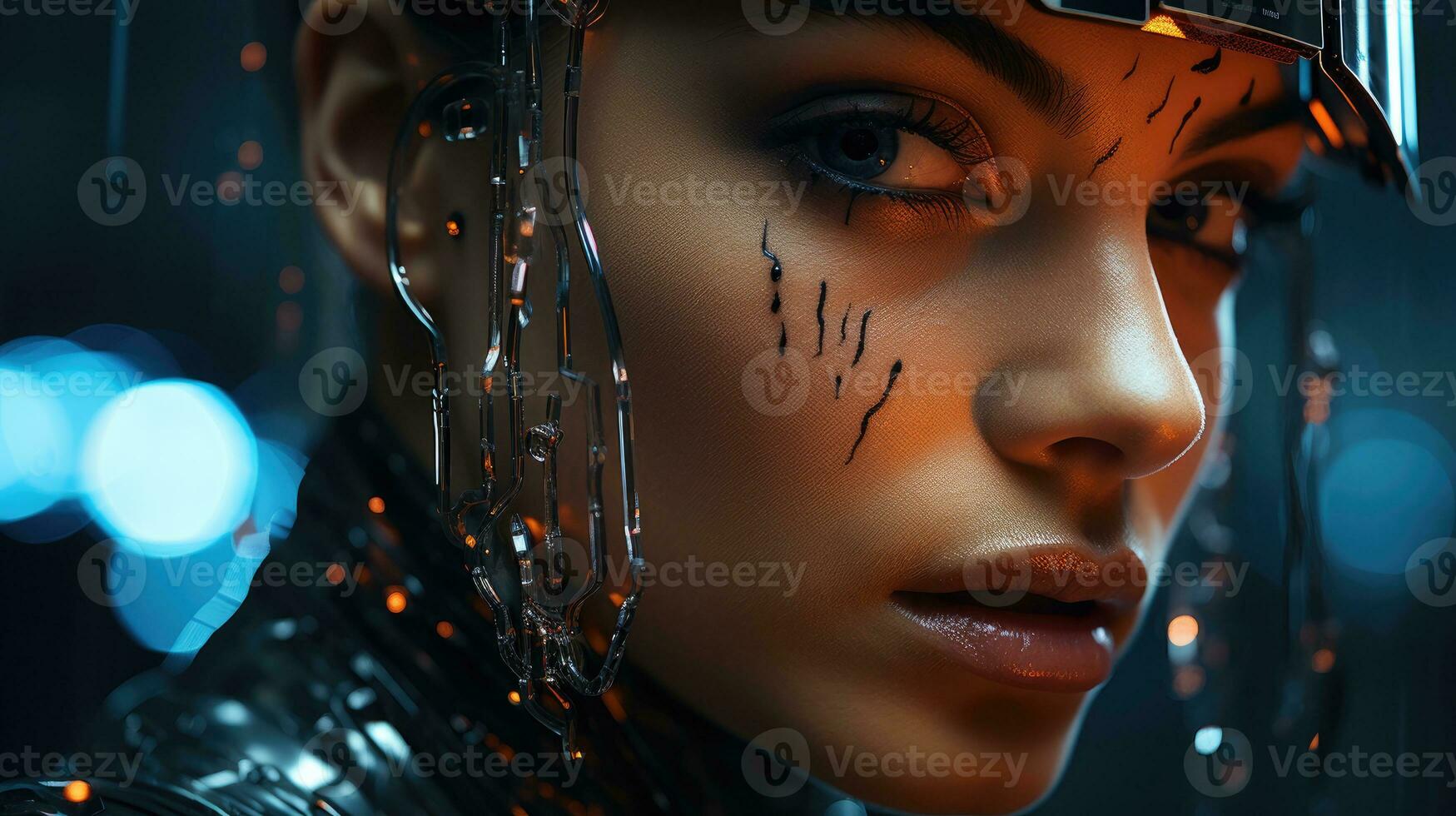 Futuristic shot, human merging with digital code. Generative AI photo