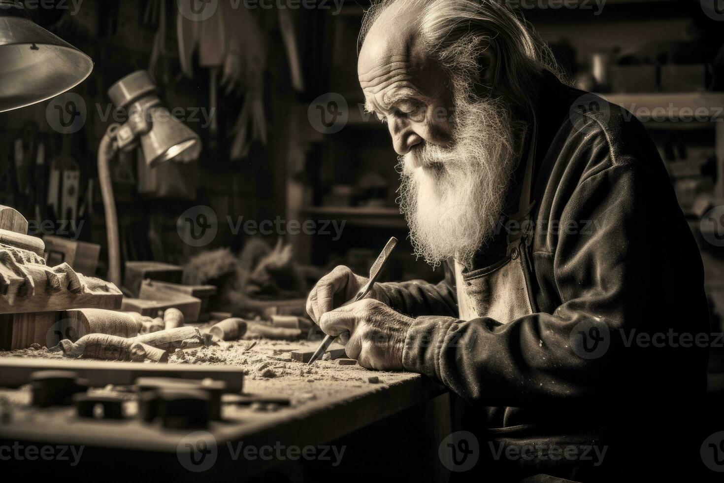 In a bustling workshop, a craftsman meticulously shapes a piece of wood. Generative AI photo