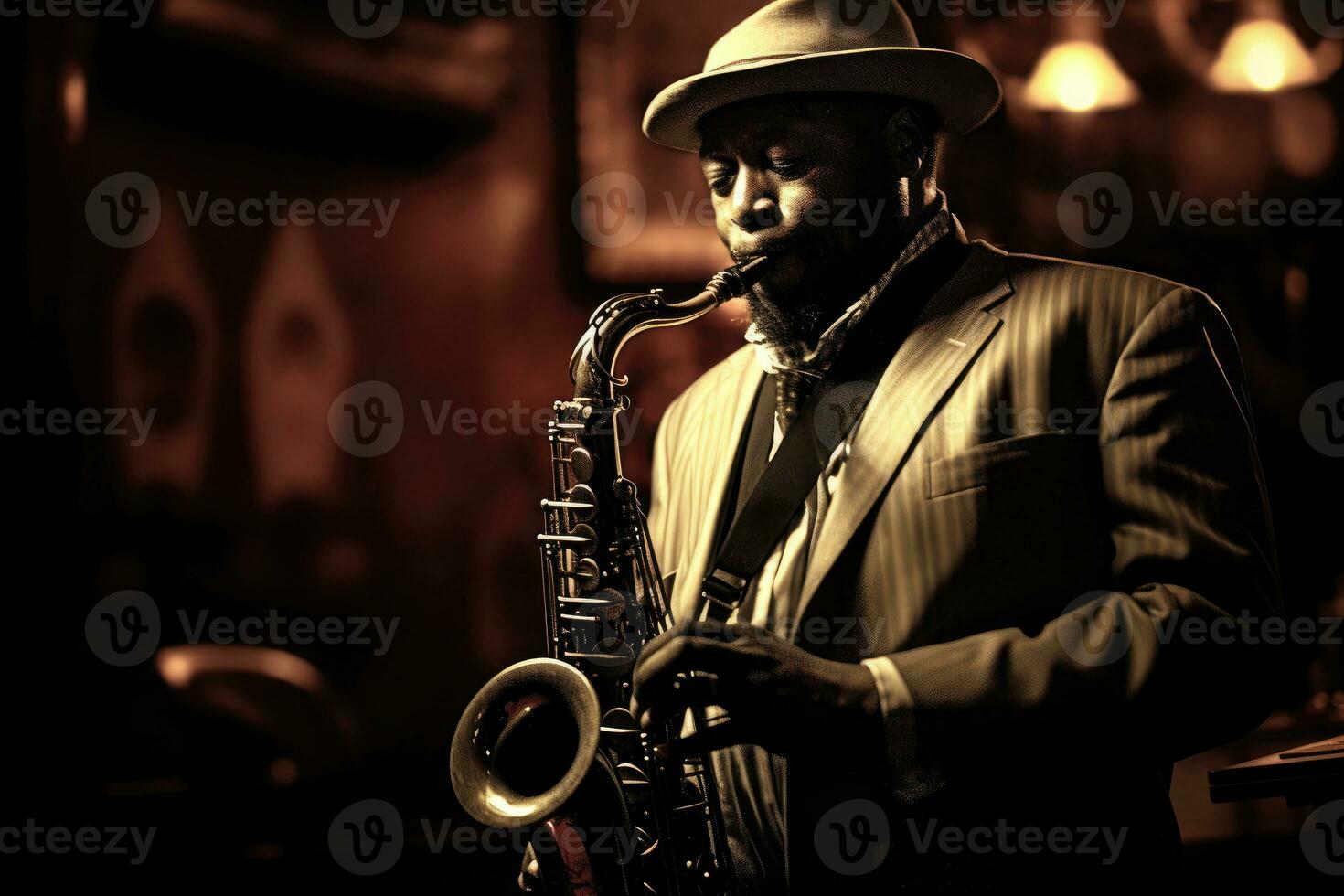 Inside a dimly lit jazz club, a saxophonist performs on stage, lost in his music. Generative AI photo